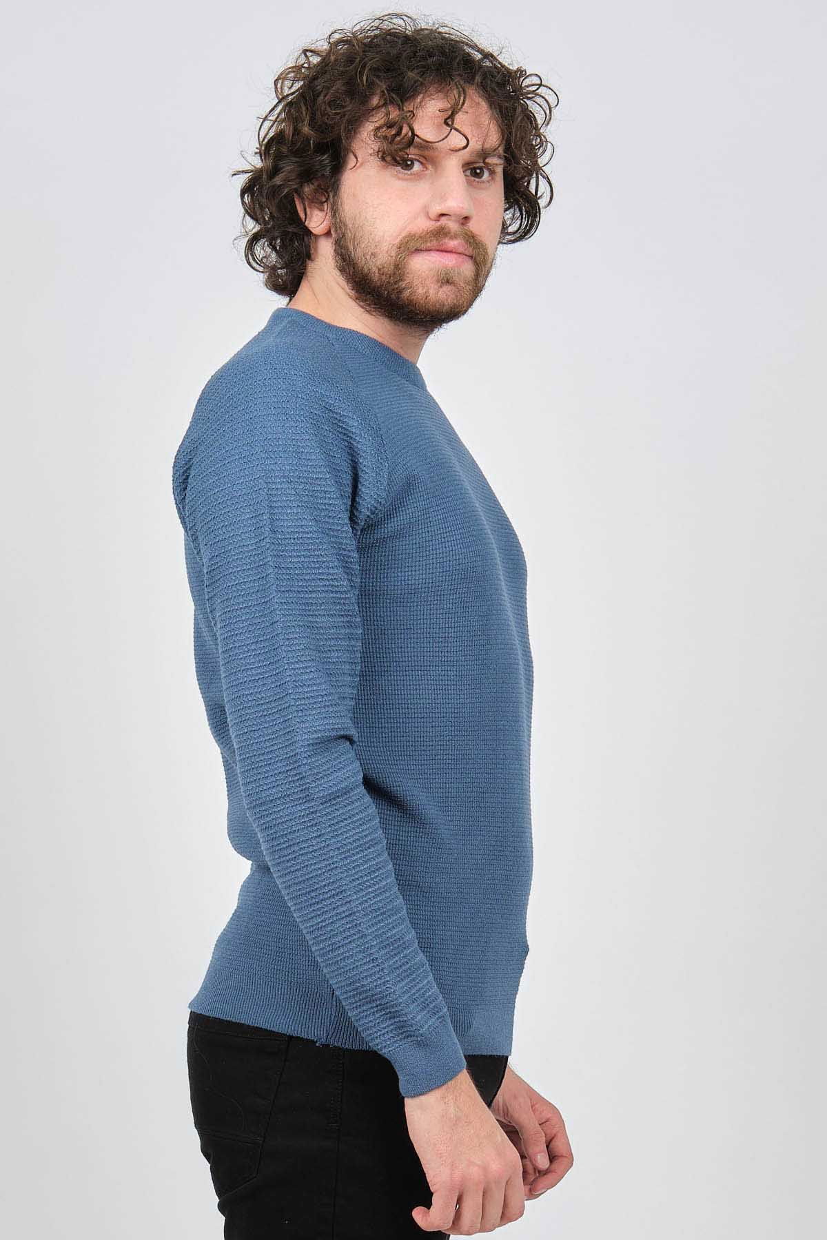 Çizgi Triko Erkek Bisiklet Yaka Slim Fit Kazak 42554259 Mavi - 4