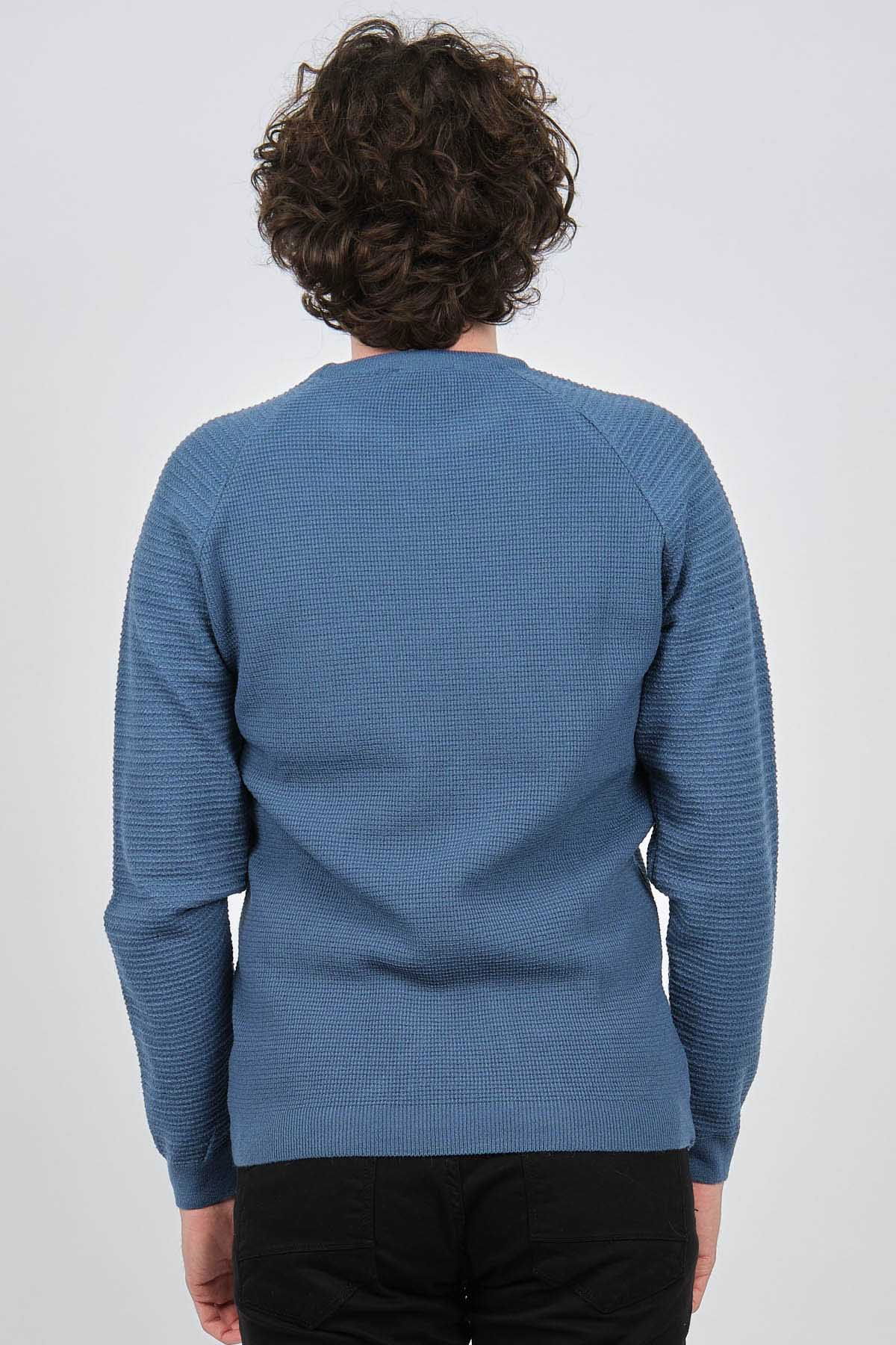 Çizgi Triko Erkek Bisiklet Yaka Slim Fit Kazak 42554259 Mavi - 5