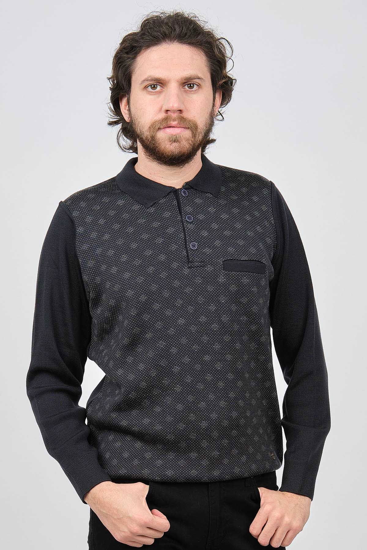 Çizgi Triko Erkek Cep Detaylı Polo Yaka Desenli Kazak 42544226 Lacivert - 1