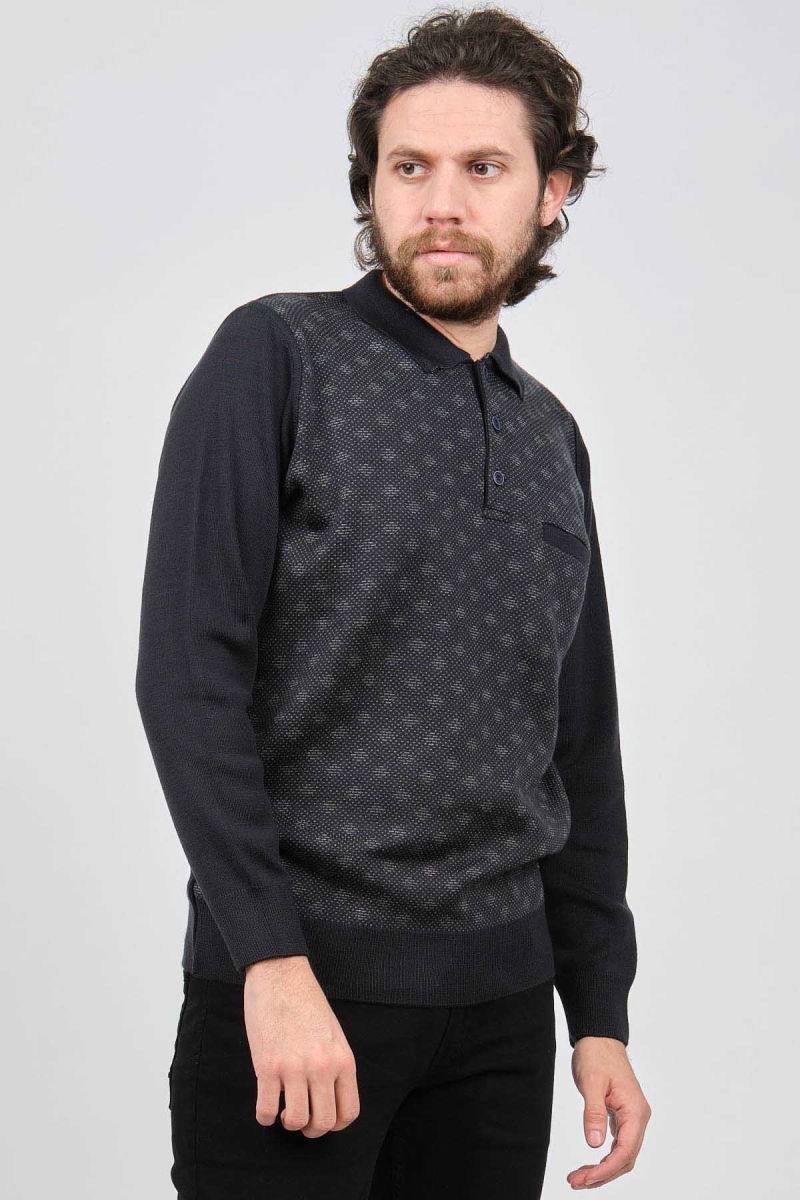 Çizgi Triko Erkek Cep Detaylı Polo Yaka Desenli Kazak 42544226 Lacivert - 3