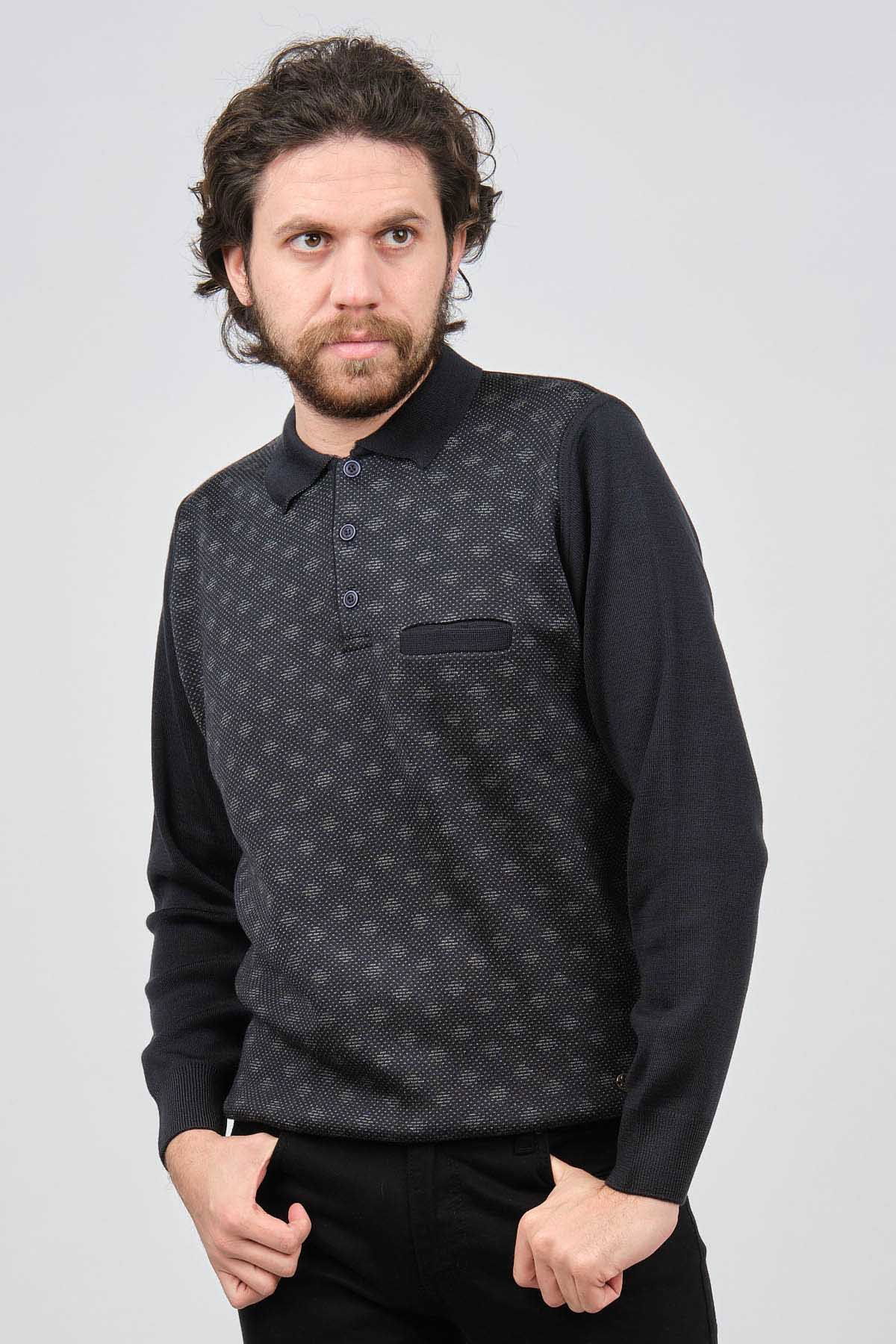 Çizgi Triko Erkek Cep Detaylı Polo Yaka Desenli Kazak 42544226 Lacivert - 6