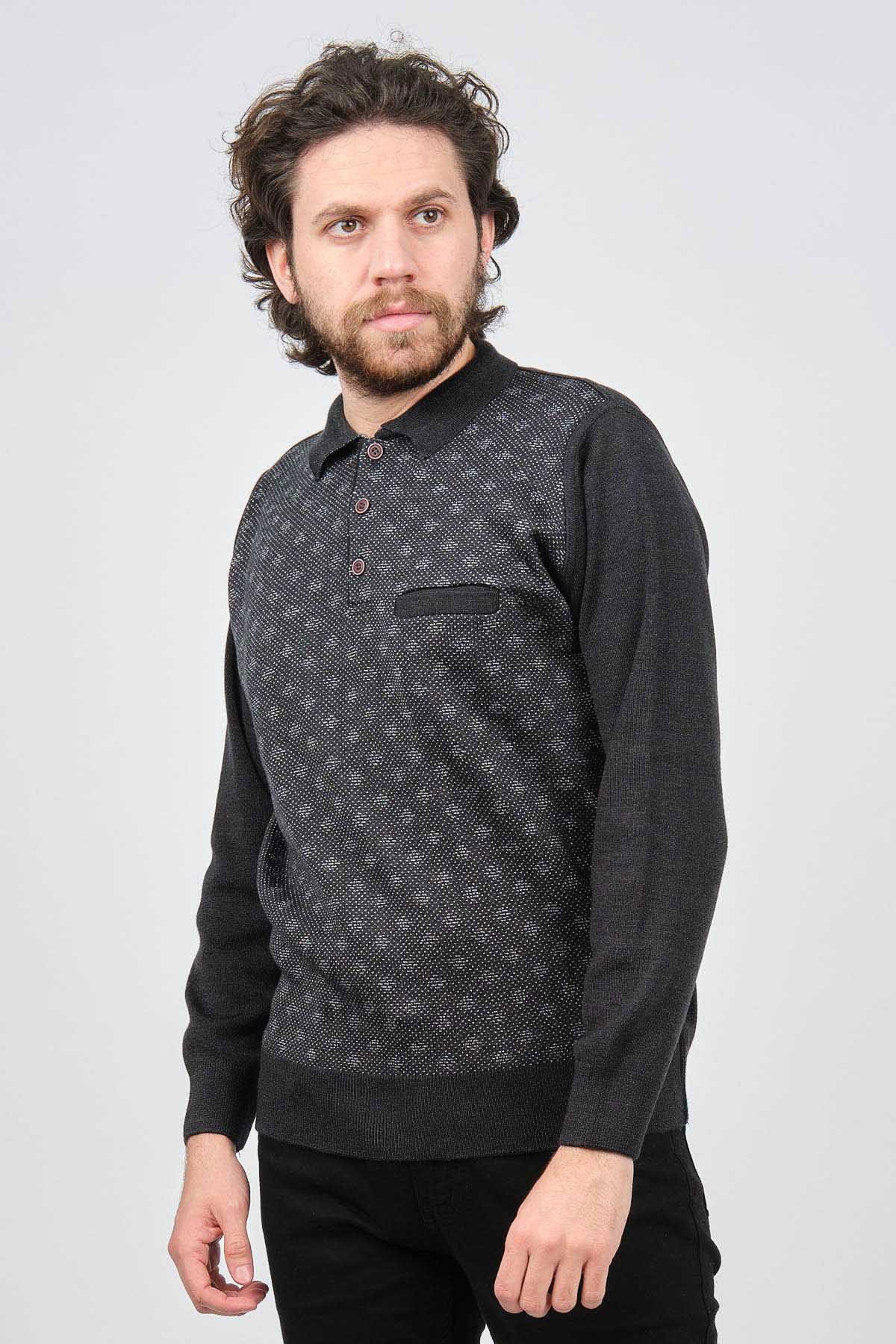 Çizgi Triko Erkek Cep Detaylı Polo Yaka Desenli Kazak 42544226 Melanj Lacivert - 1