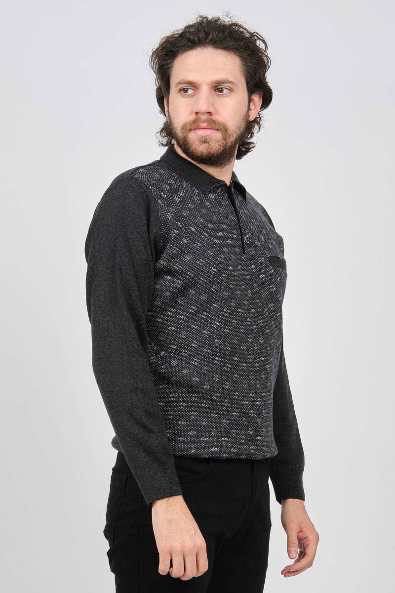 Çizgi Triko Erkek Cep Detaylı Polo Yaka Desenli Kazak 42544226 Melanj Lacivert - 3