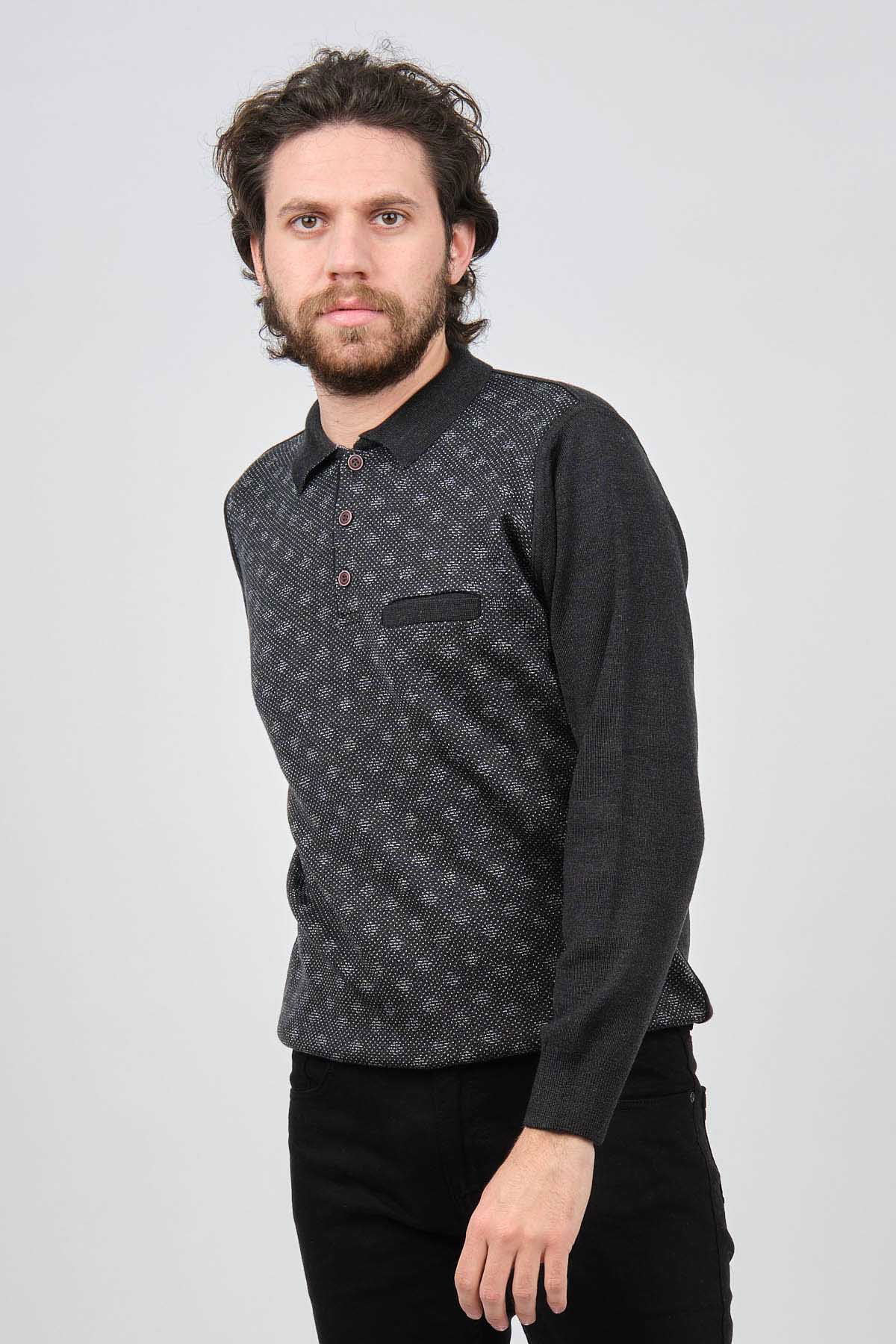 Çizgi Triko Erkek Cep Detaylı Polo Yaka Desenli Kazak 42544226 Melanj Lacivert - 6