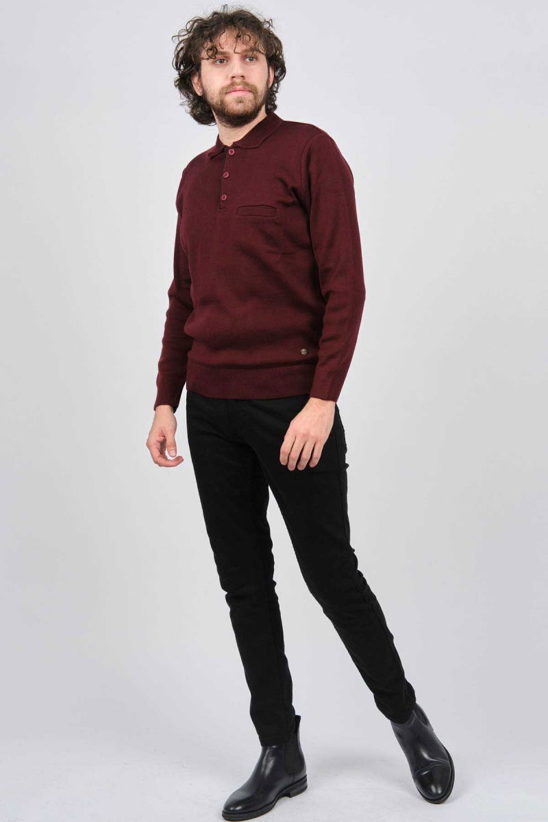 Çizgi Triko Erkek Cep Detaylı Polo Yaka Kazak 42544241 Bordo - 2