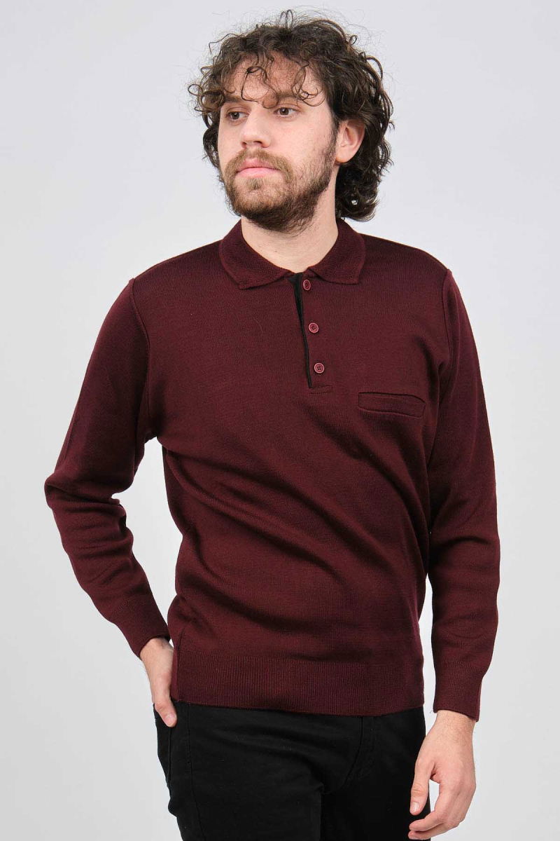 Çizgi Triko Erkek Cep Detaylı Polo Yaka Kazak 42544241 Bordo - 3