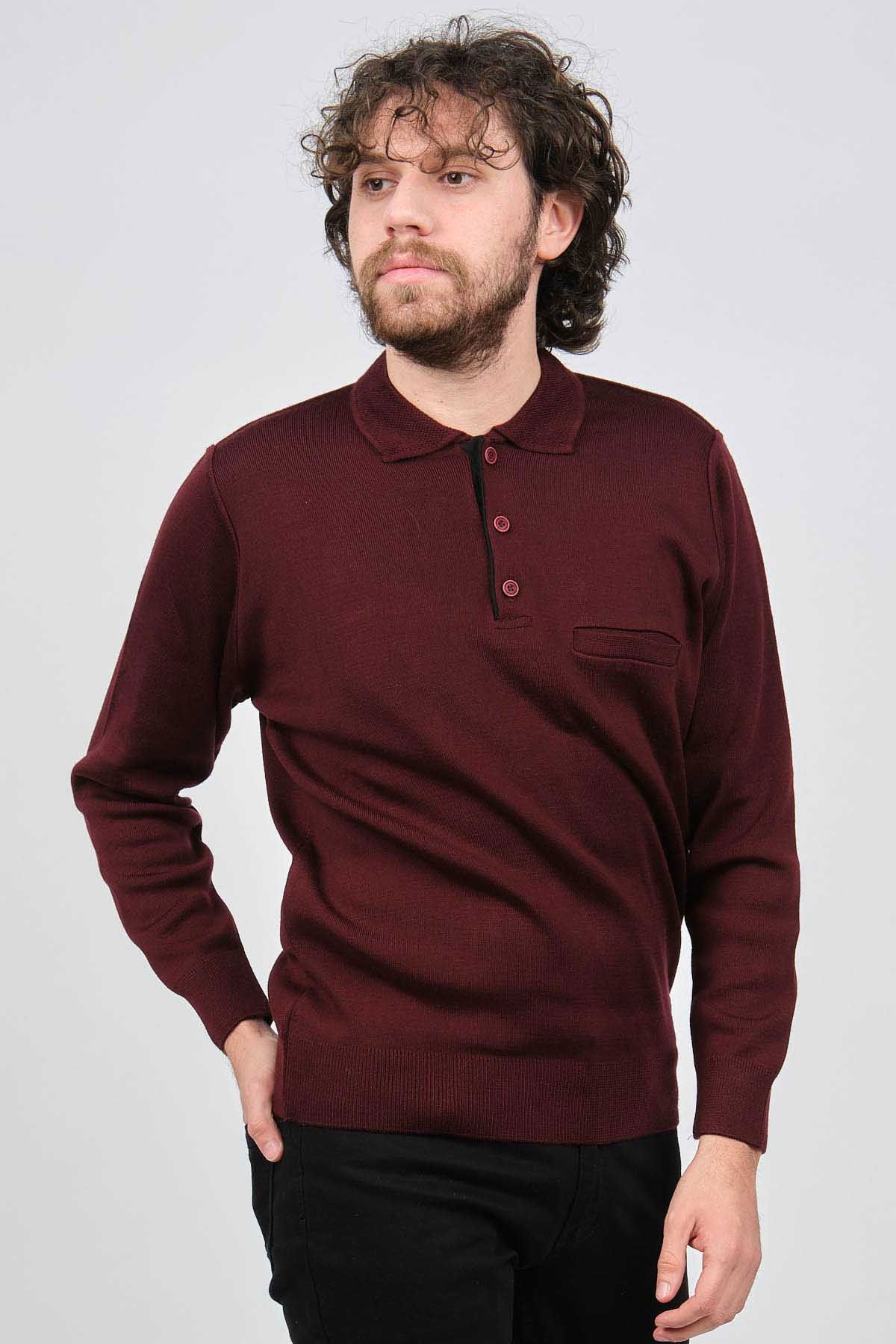 Çizgi Triko Erkek Cep Detaylı Polo Yaka Kazak 42544241 Bordo - 3