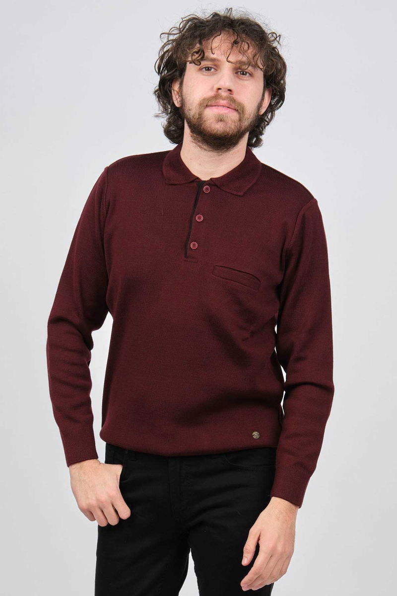 Çizgi Triko Erkek Cep Detaylı Polo Yaka Kazak 42544241 Bordo - 6