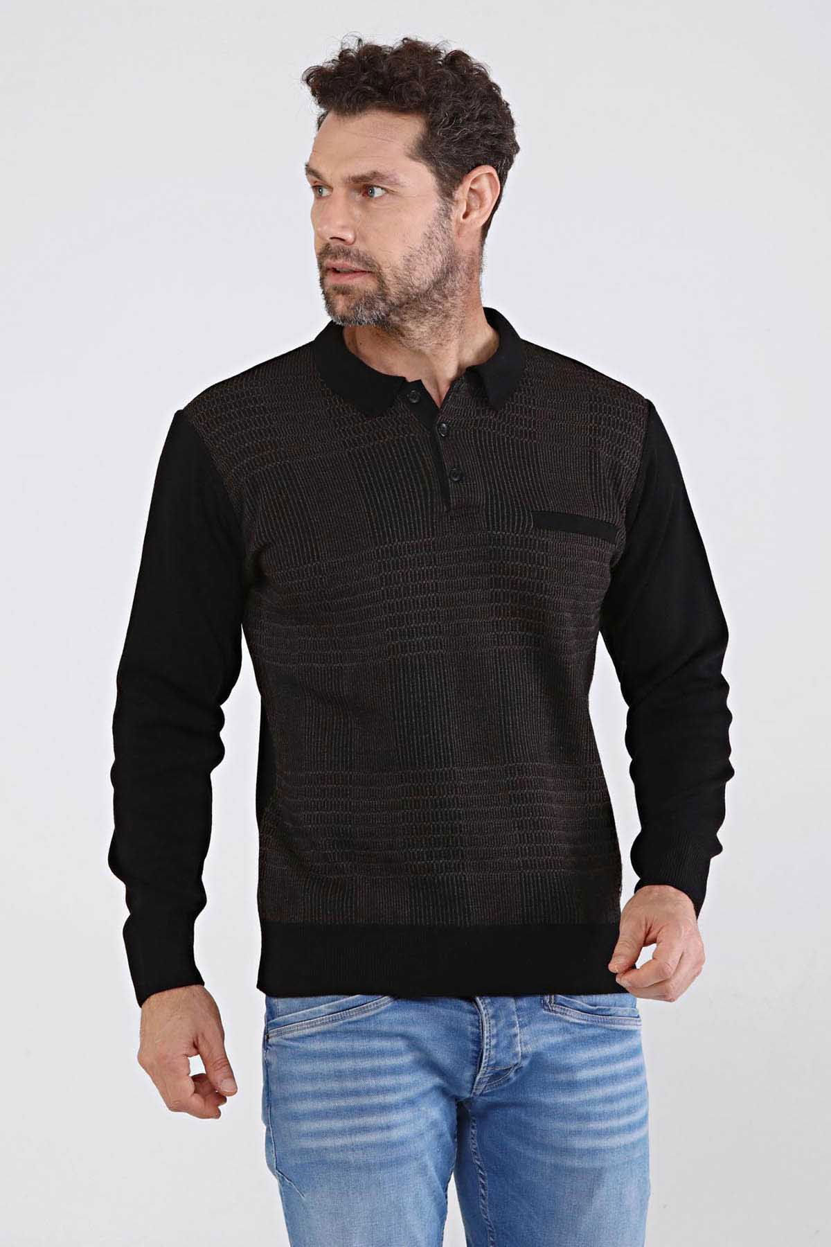 Çizgi Triko Erkek Polo Yaka Çelik Örgü Triko Kazak 4603F Siyah - 1