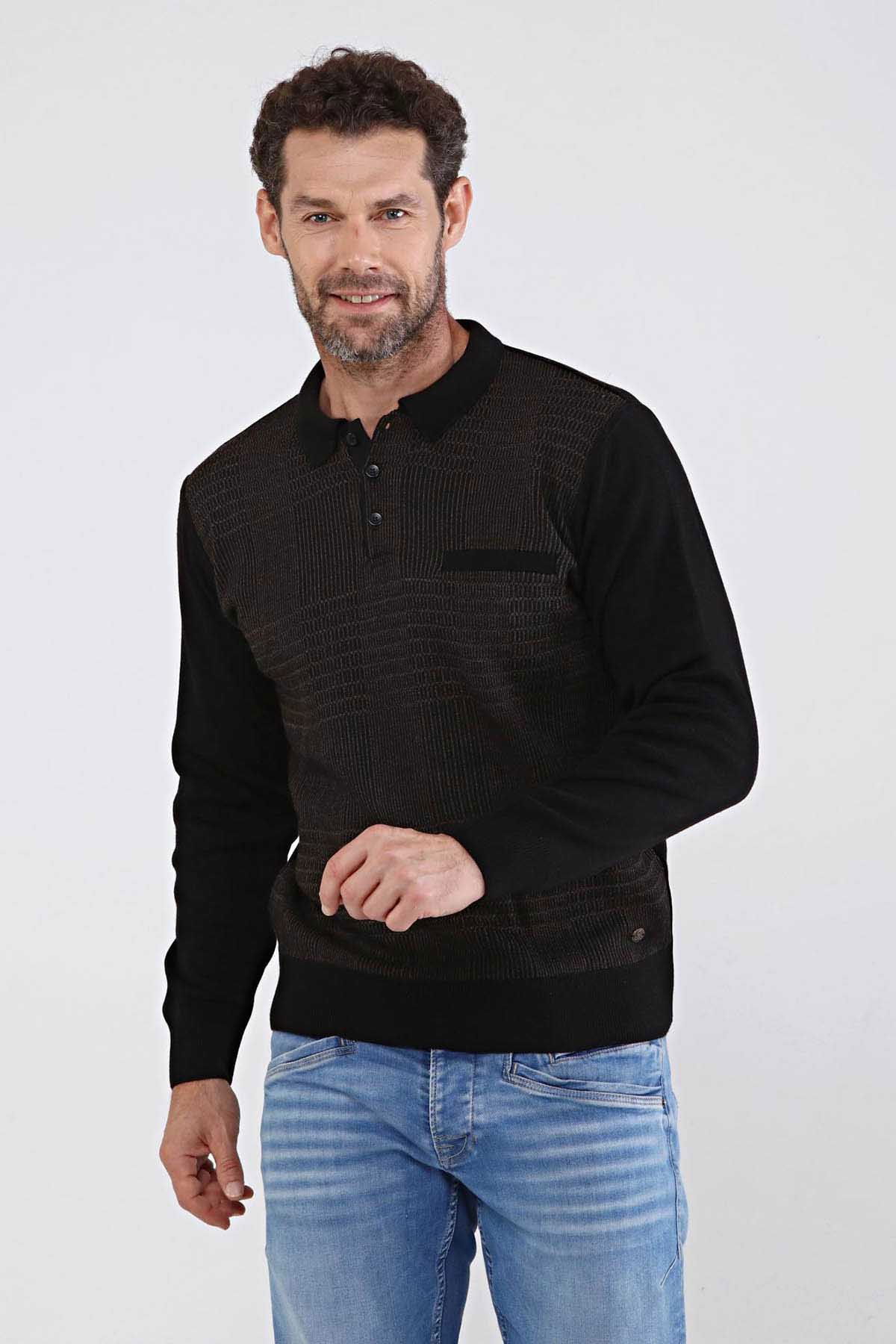 Çizgi Triko Erkek Polo Yaka Çelik Örgü Triko Kazak 4603F Siyah - 3