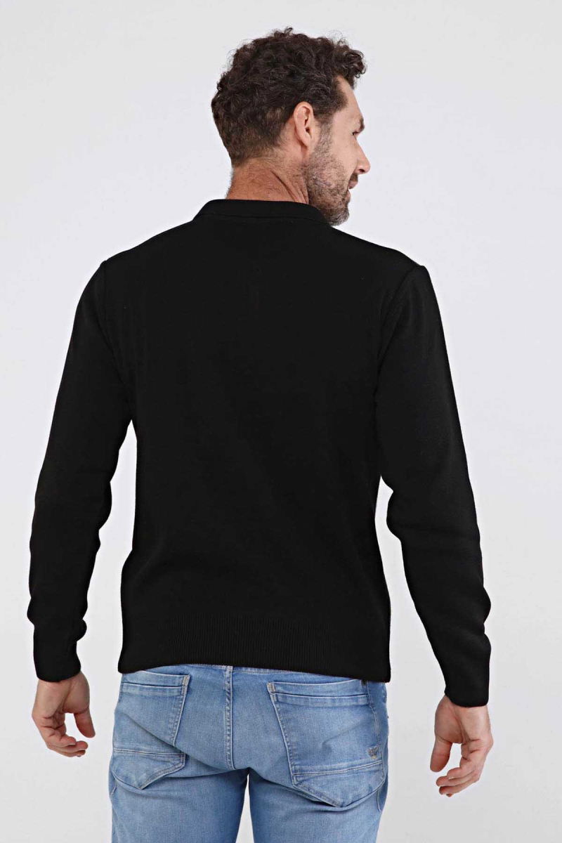 Çizgi Triko Erkek Polo Yaka Çelik Örgü Triko Kazak 4603F Siyah - 5