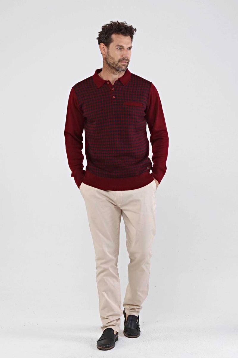 Çizgi Triko Erkek Polo Yaka Çelik Örgü Triko Kazak 4605F Bordo - 2
