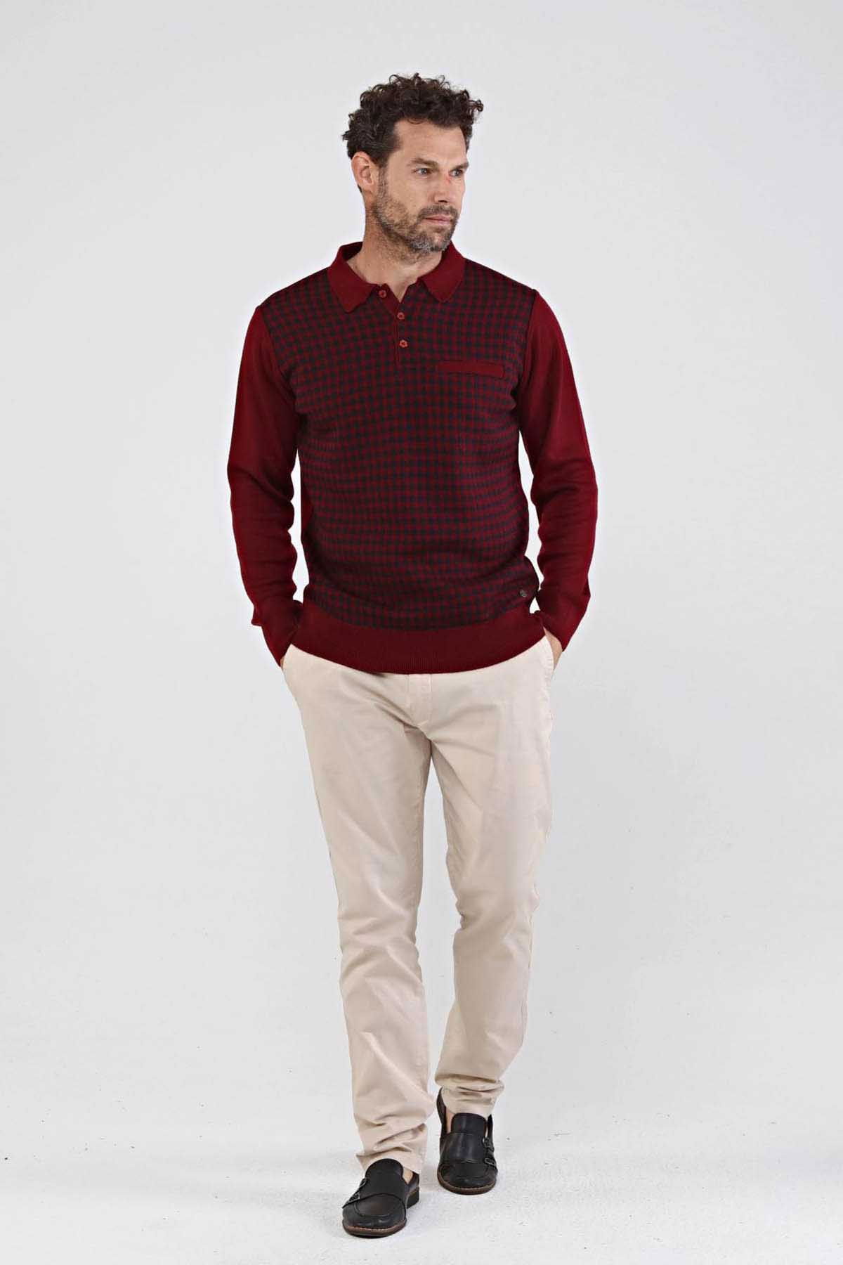 Çizgi Triko Erkek Polo Yaka Çelik Örgü Triko Kazak 4605F Bordo - 2