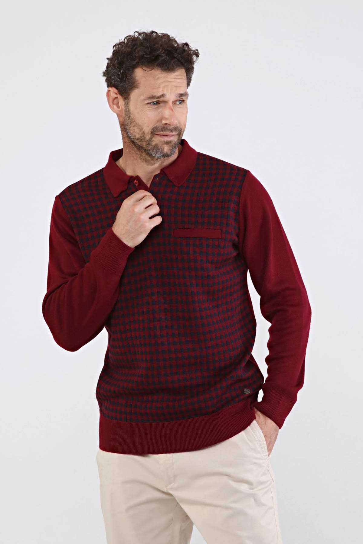 Çizgi Triko Erkek Polo Yaka Çelik Örgü Triko Kazak 4605F Bordo - 3