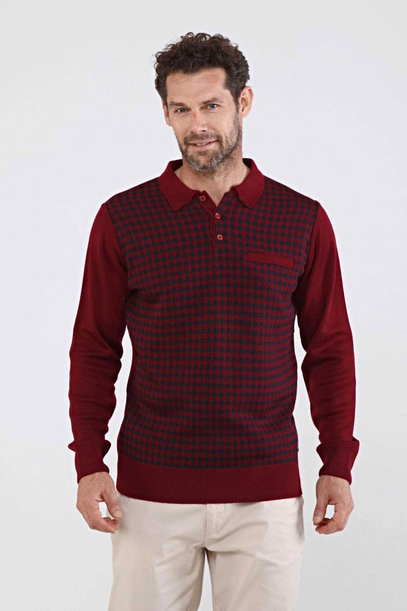 Çizgi Triko Erkek Polo Yaka Çelik Örgü Triko Kazak 4605F Bordo - 4