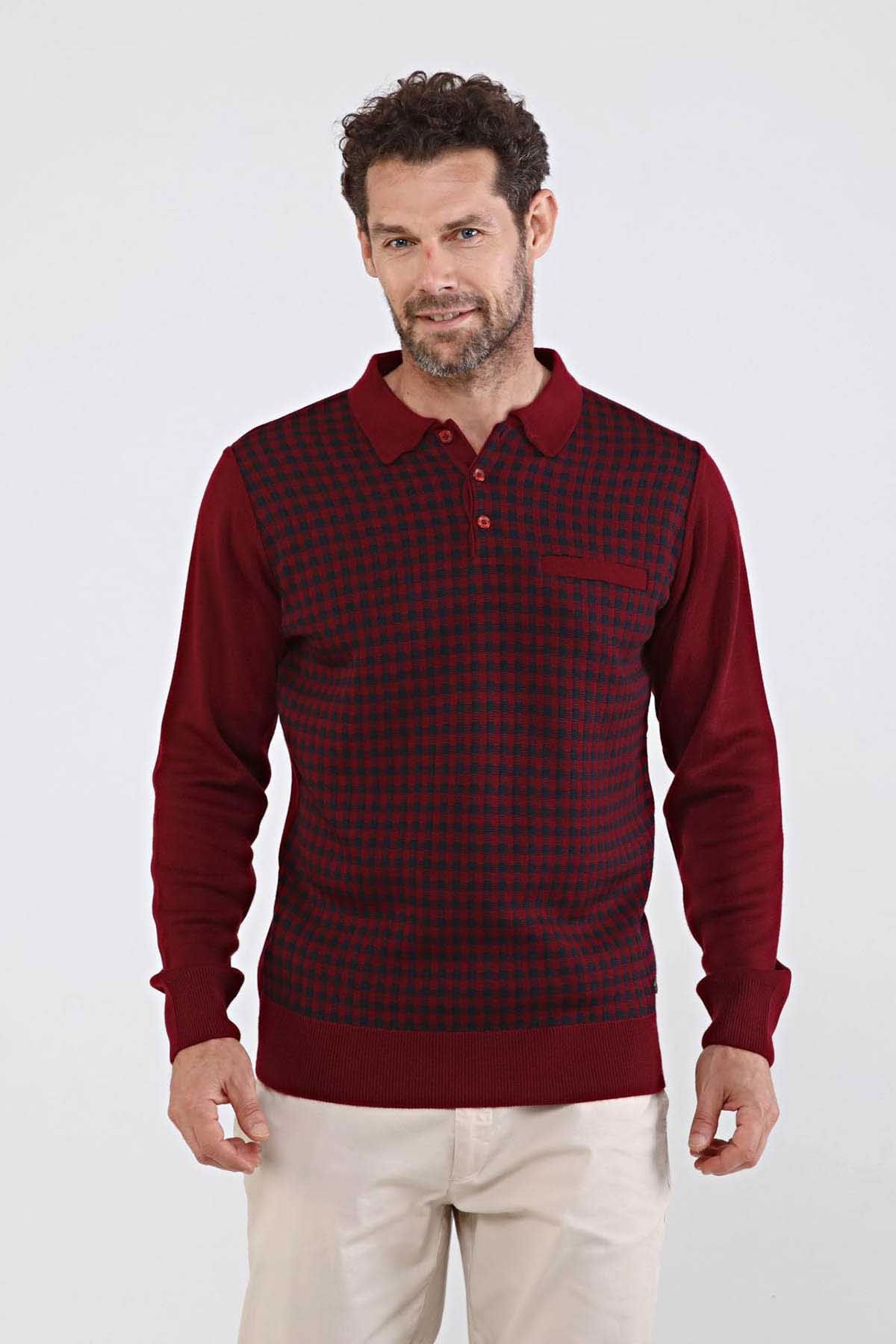 Çizgi Triko Erkek Polo Yaka Çelik Örgü Triko Kazak 4605F Bordo - 4
