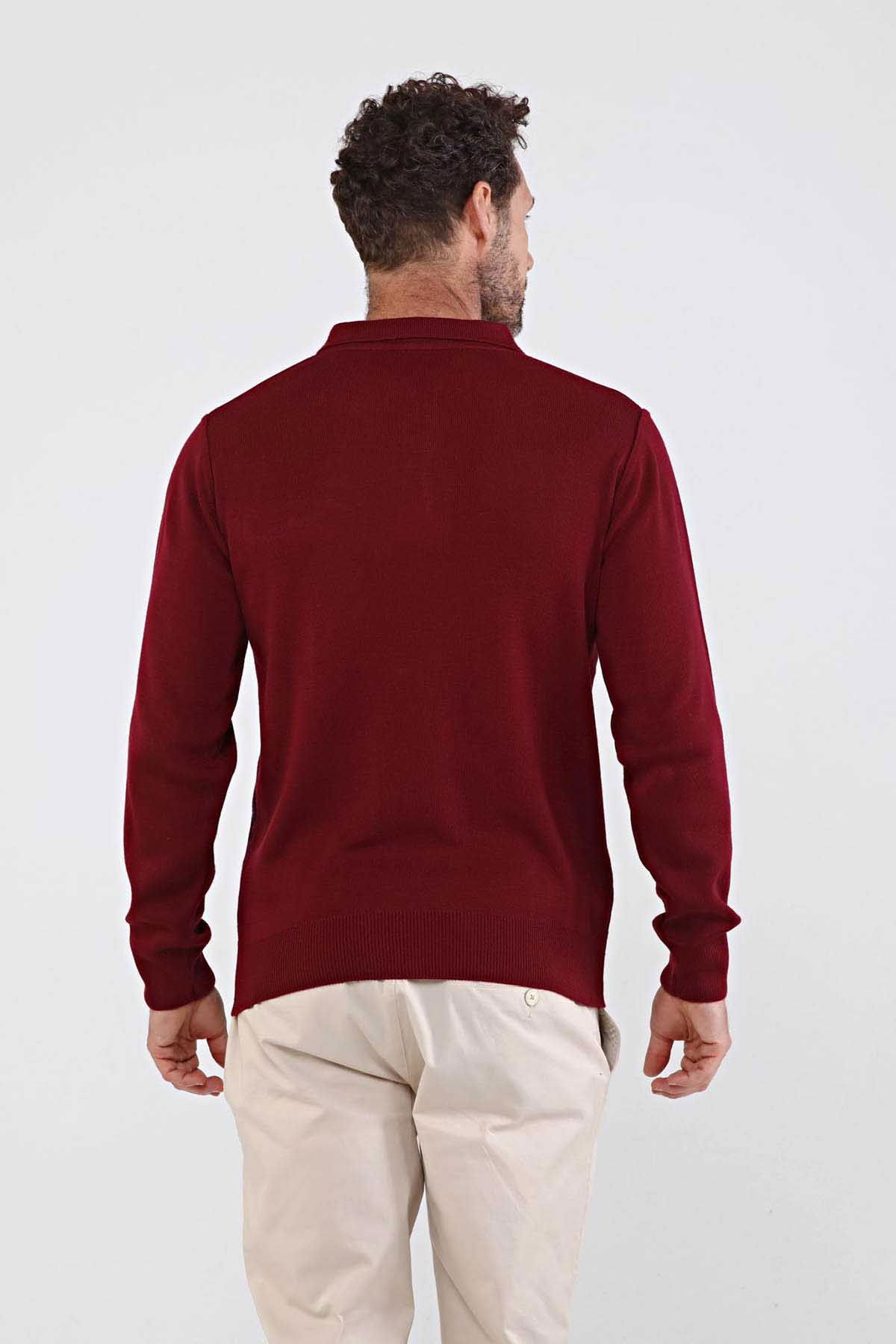 Çizgi Triko Erkek Polo Yaka Çelik Örgü Triko Kazak 4605F Bordo - 5