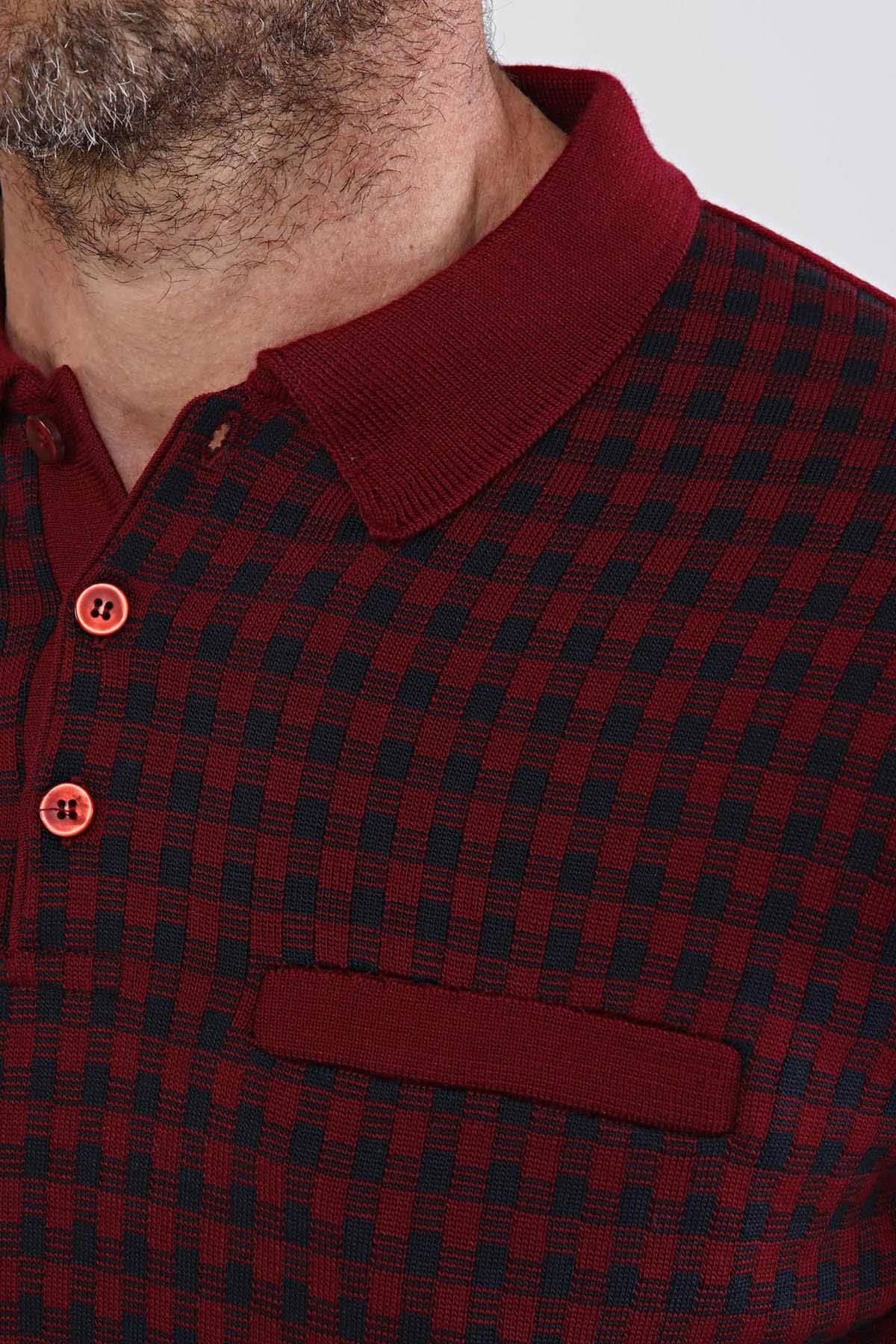 Çizgi Triko Erkek Polo Yaka Çelik Örgü Triko Kazak 4605F Bordo - 6