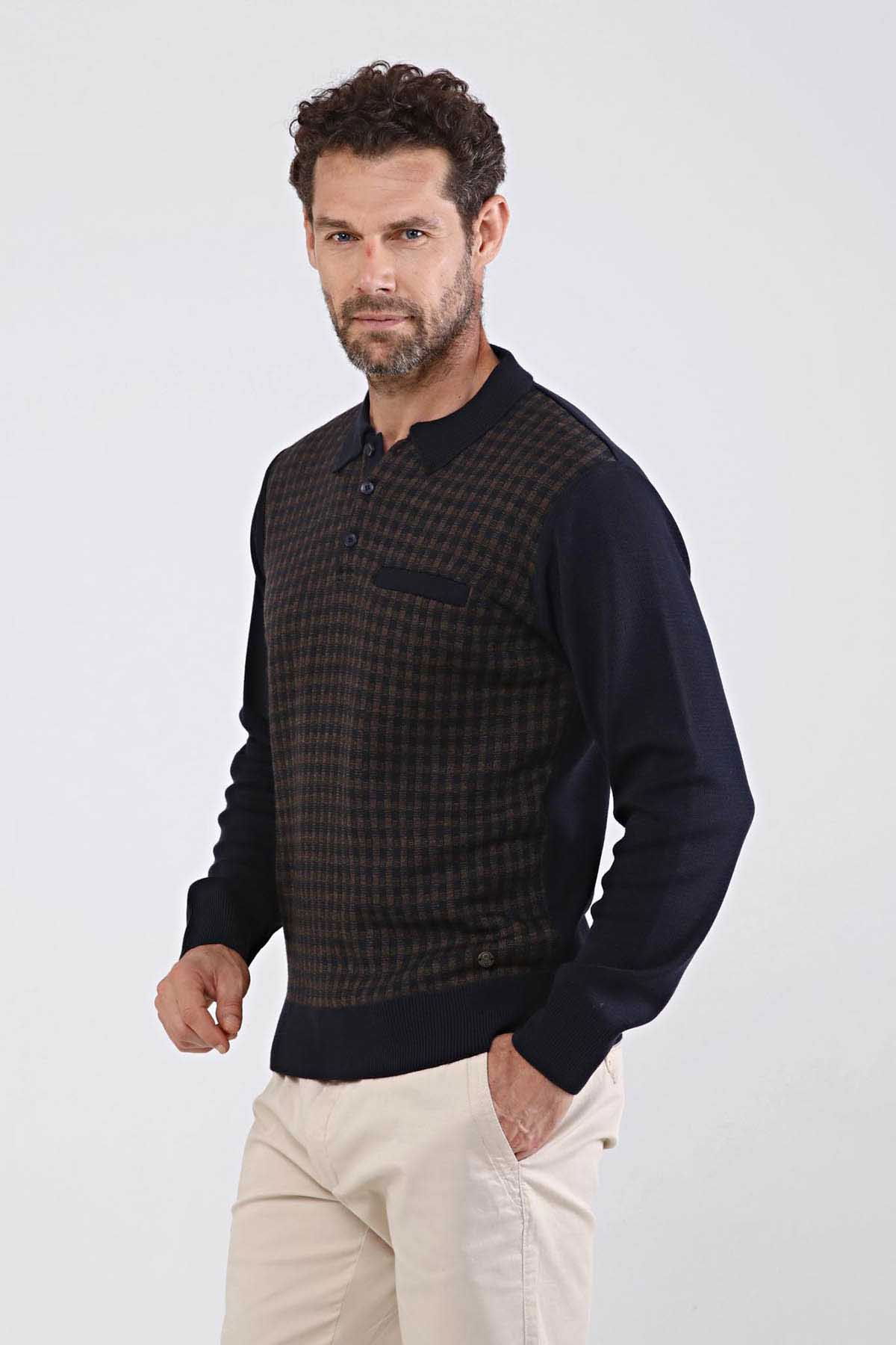 Çizgi Triko Erkek Polo Yaka Çelik Örgü Triko Kazak 4605F Lacivert - 3