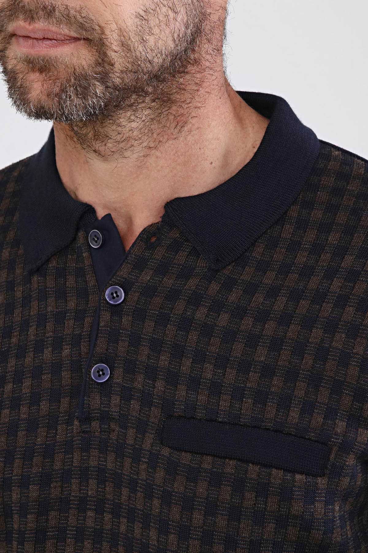 Çizgi Triko Erkek Polo Yaka Çelik Örgü Triko Kazak 4605F Lacivert - 6