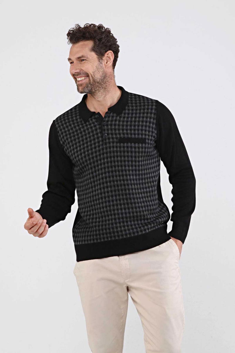 Çizgi Triko Erkek Polo Yaka Çelik Örgü Triko Kazak 4605F Siyah - 3