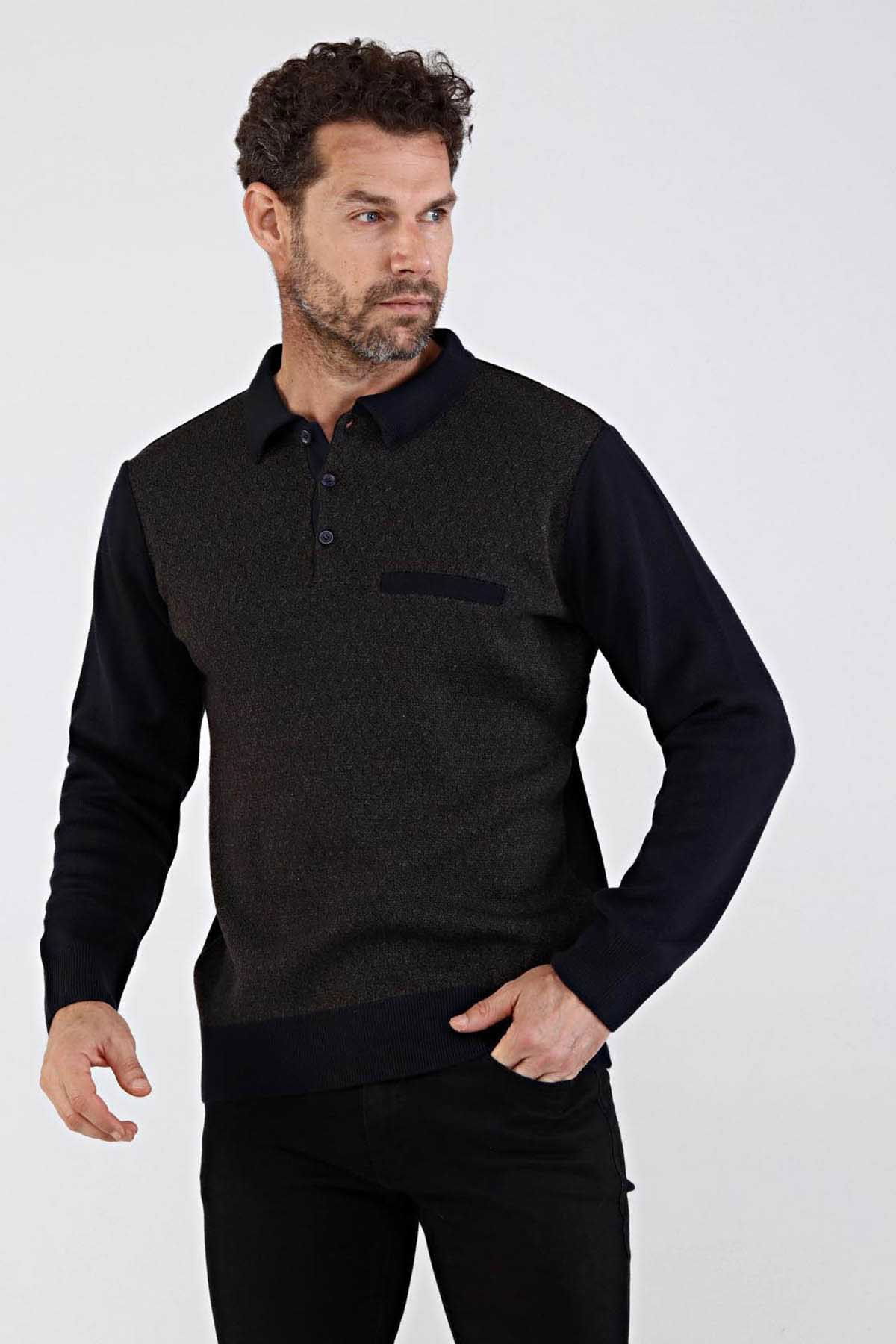 Çizgi Triko Erkek Polo Yaka Çelik Örgü Triko Kazak 4610F Lacivert - 3