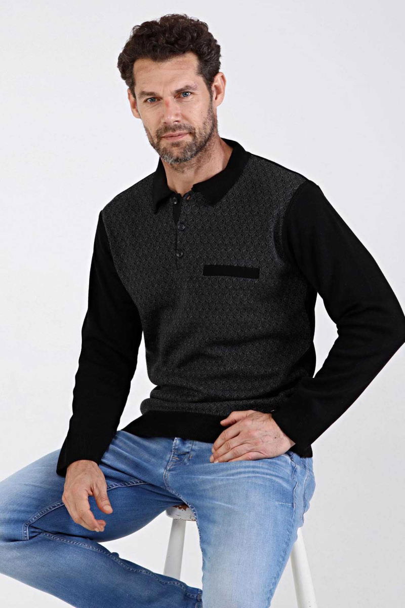 Çizgi Triko Erkek Polo Yaka Çelik Örgü Triko Kazak 4610F Siyah - 4