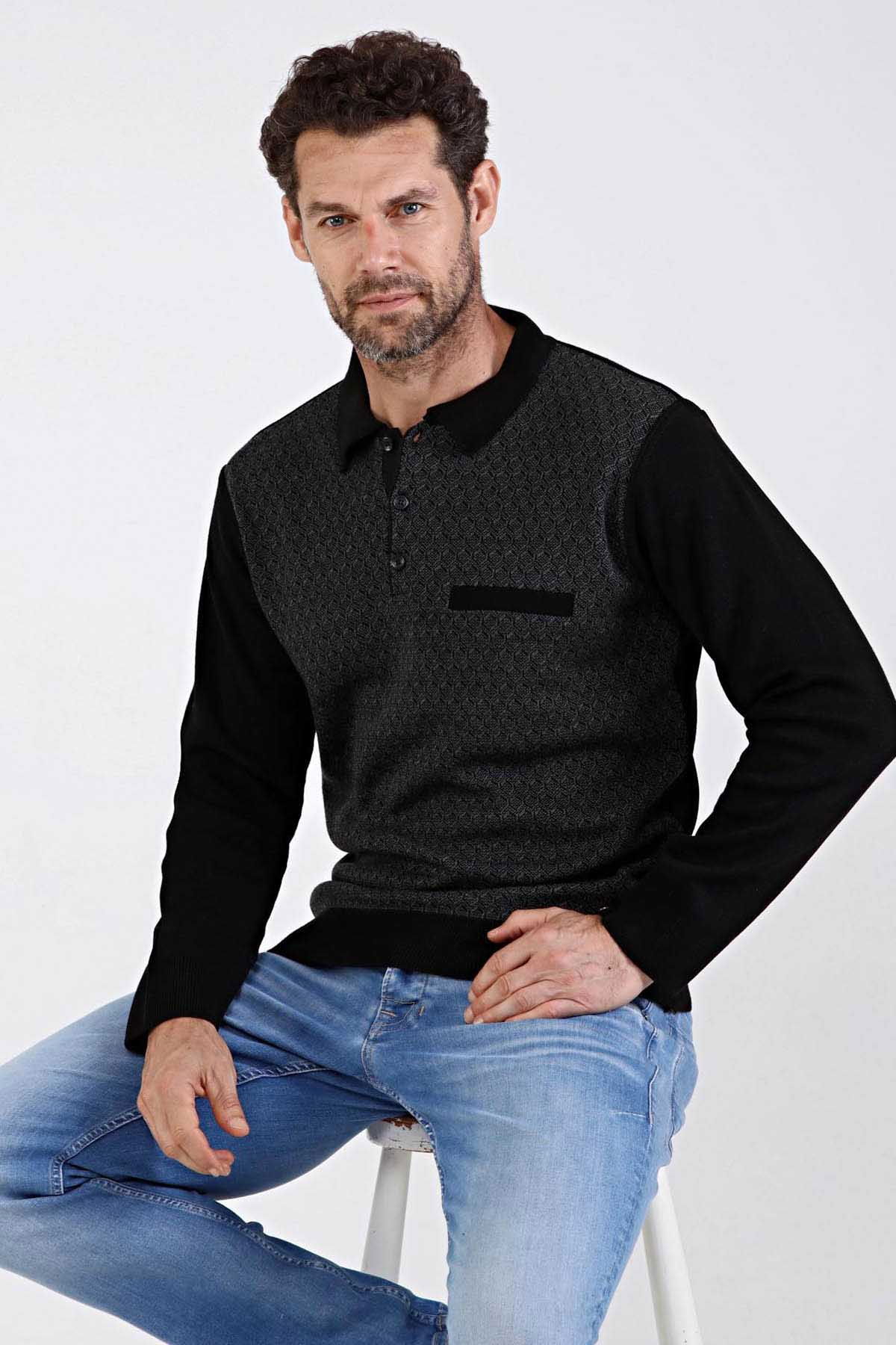 Çizgi Triko Erkek Polo Yaka Çelik Örgü Triko Kazak 4610F Siyah - 4