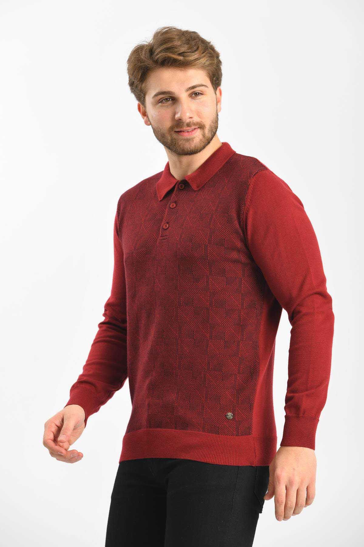 Çizgi Triko Erkek Polo Yaka Pamuklu Triko Kazak 4445F Bordo - 1