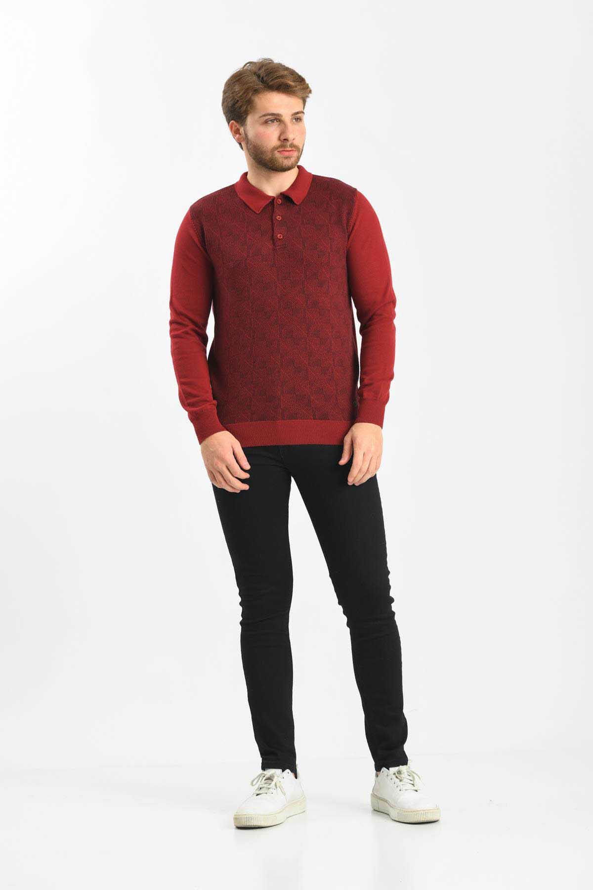 Çizgi Triko Erkek Polo Yaka Pamuklu Triko Kazak 4445F Bordo - 2