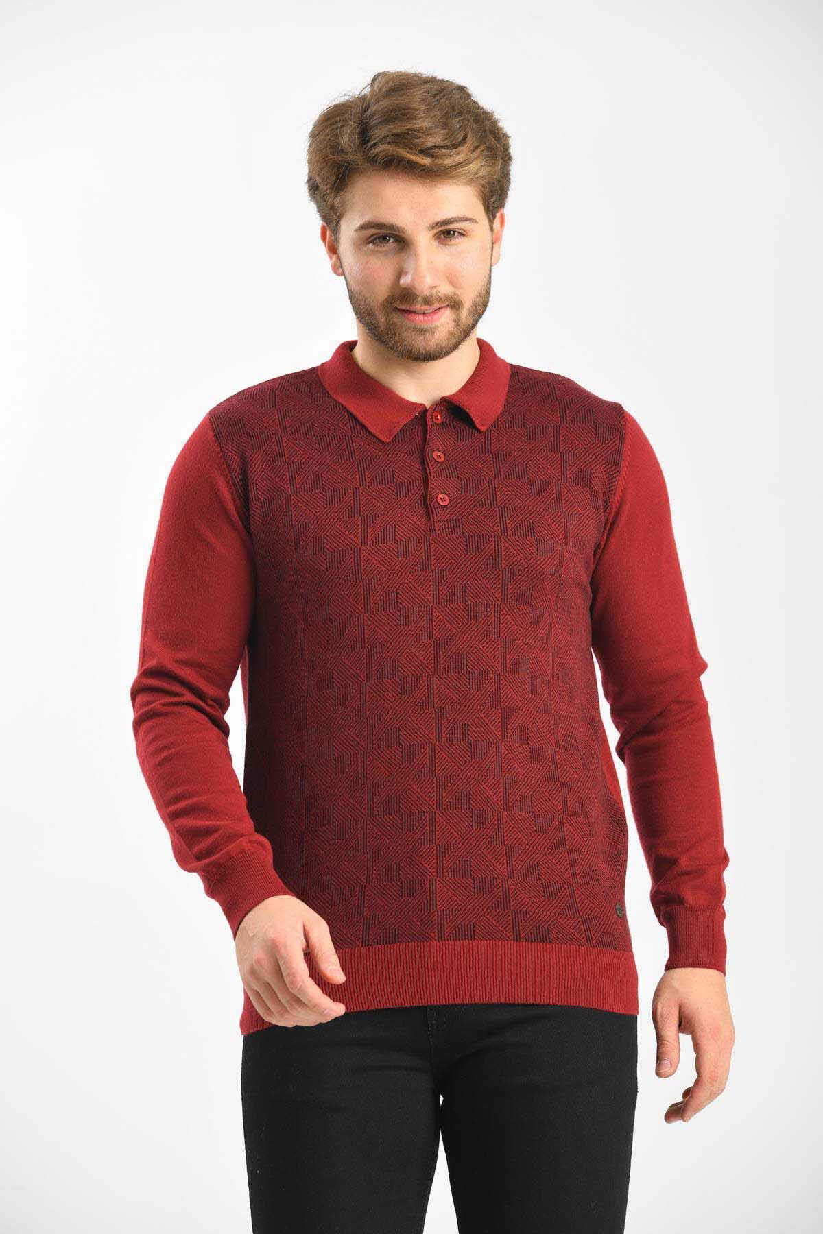 Çizgi Triko Erkek Polo Yaka Pamuklu Triko Kazak 4445F Bordo - 3