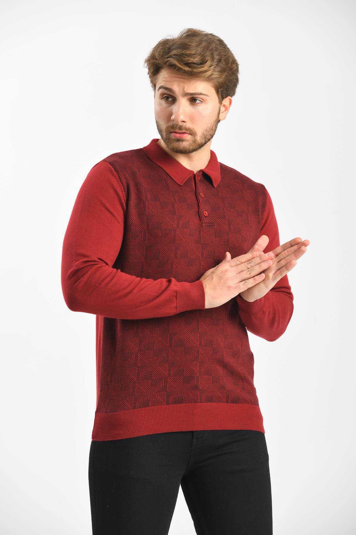 Çizgi Triko Erkek Polo Yaka Pamuklu Triko Kazak 4445F Bordo - 4