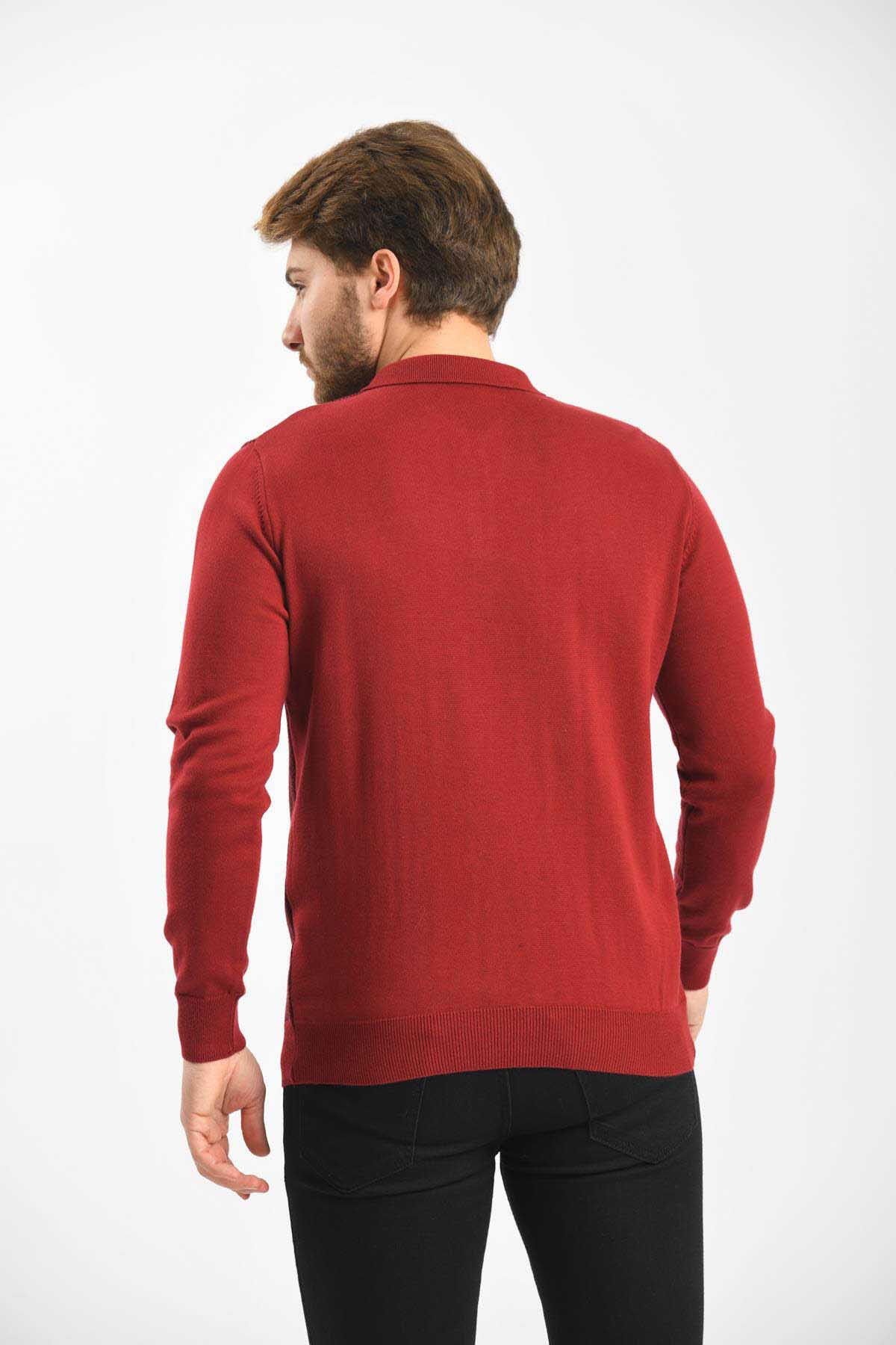 Çizgi Triko Erkek Polo Yaka Pamuklu Triko Kazak 4445F Bordo - 5