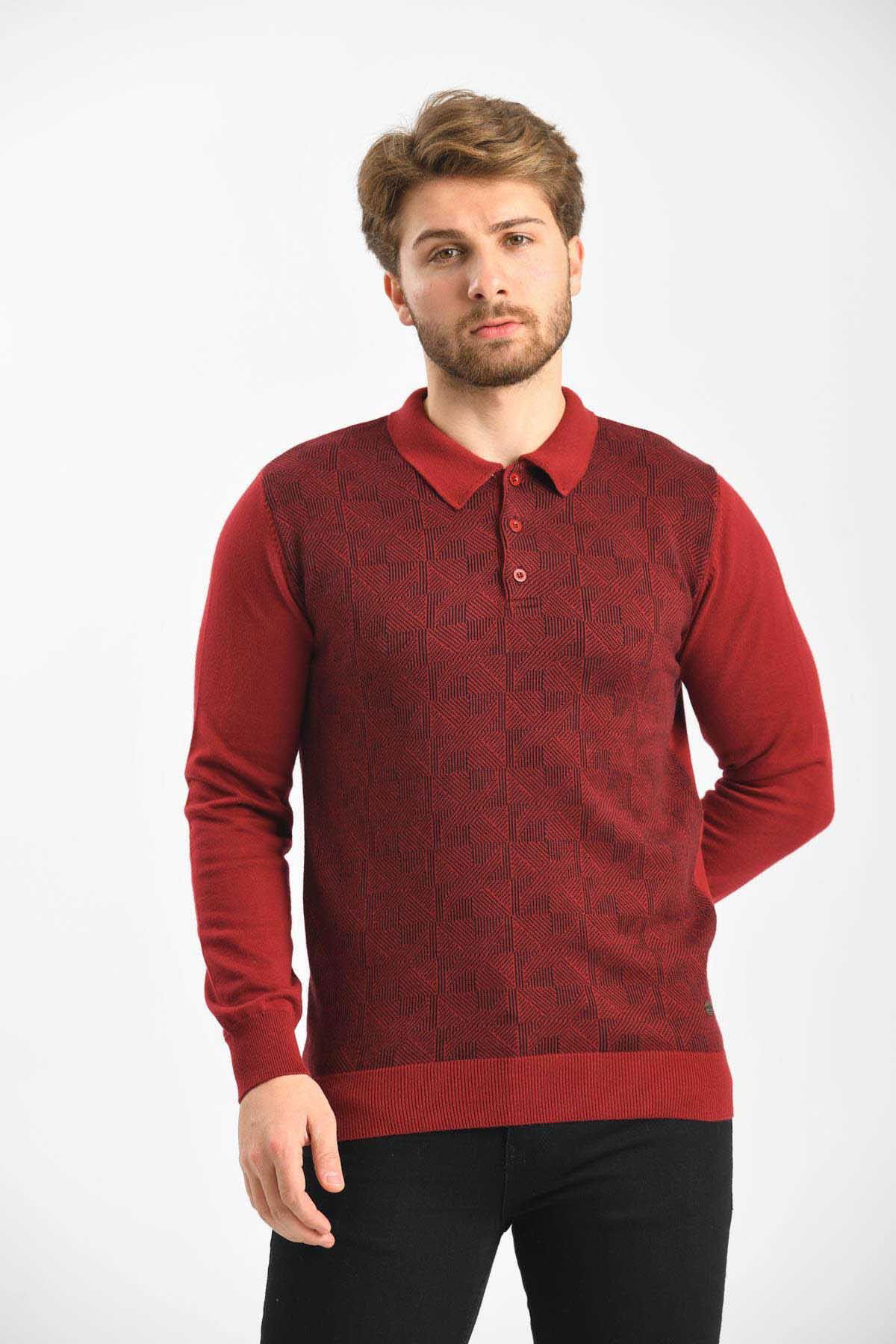 Çizgi Triko Erkek Polo Yaka Pamuklu Triko Kazak 4445F Bordo - 6