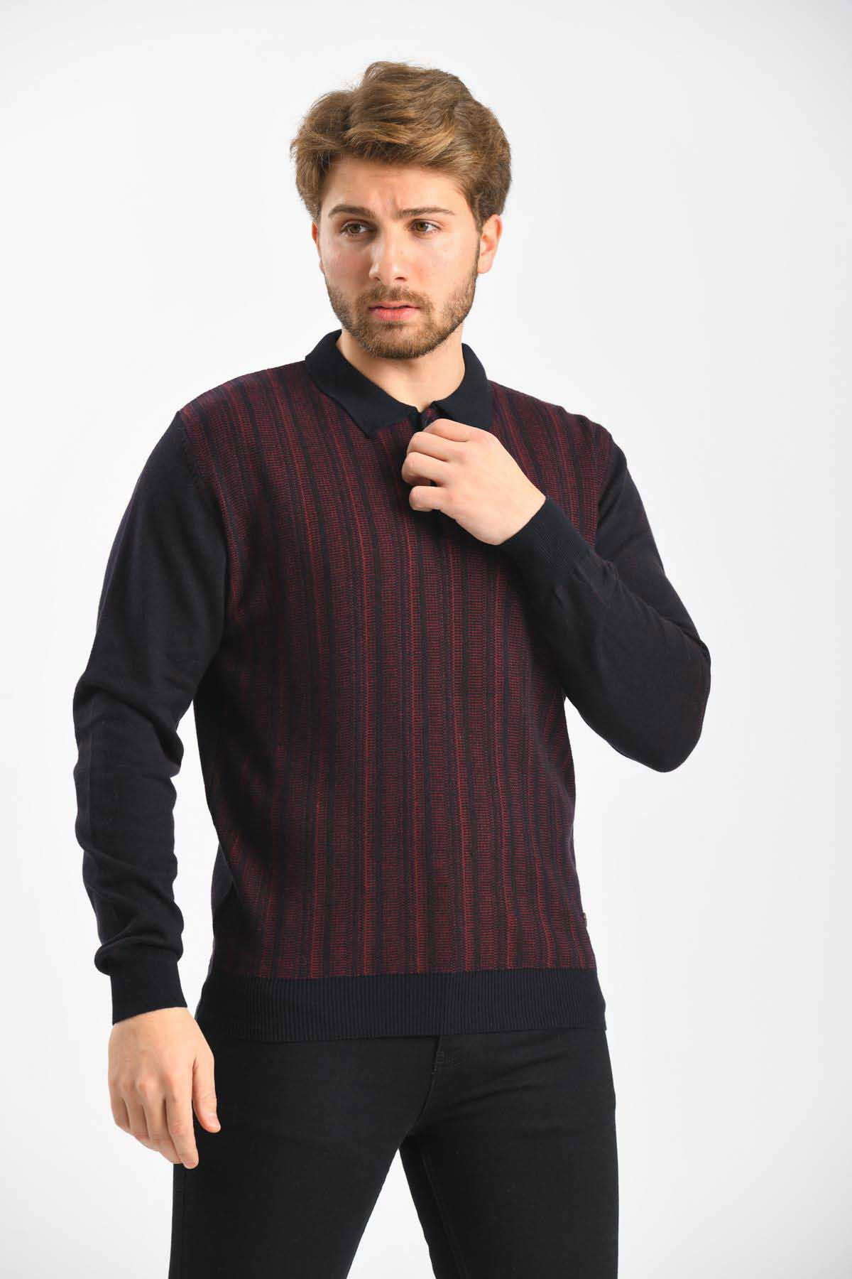 Çizgi Triko Erkek Polo Yaka Pamuklu Triko Kazak 4451F Lacivert - 3
