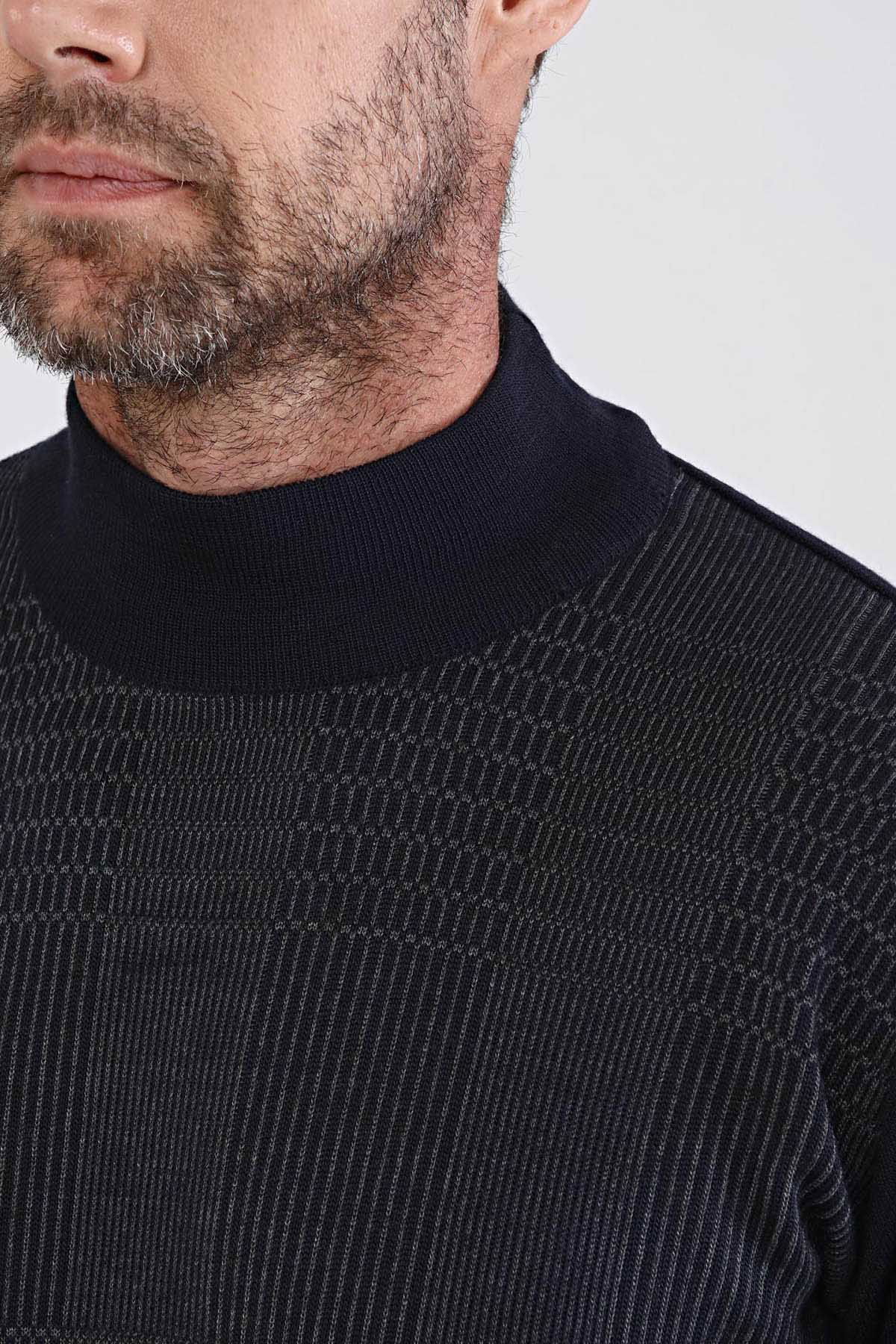 Çizgi Triko Erkek Yarım Balıkçı Çelik Örgü Triko Kazak 4603B Lacivert - 6