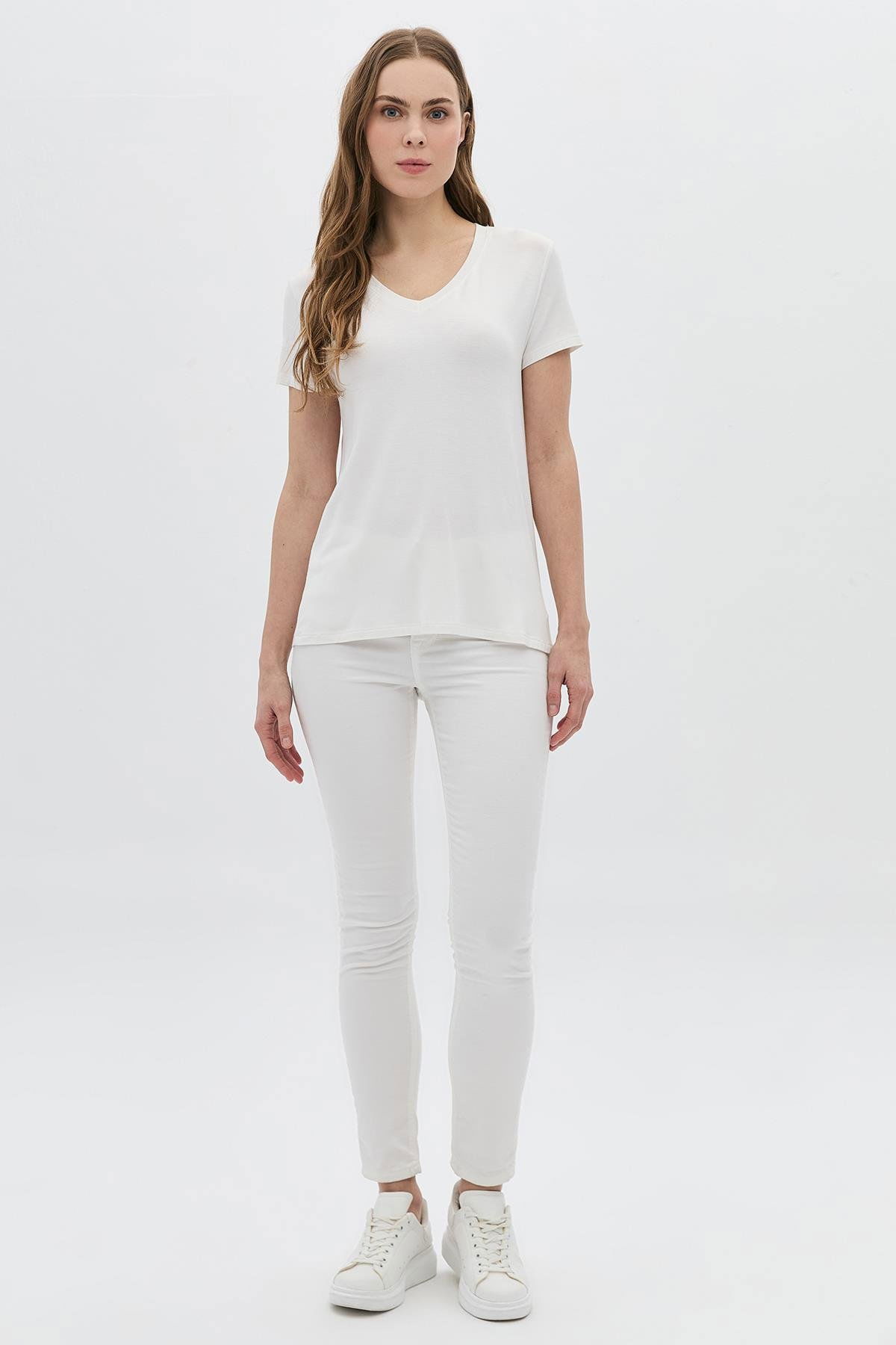 Daido Kadın Basic V Yaka T-Shirt 5980 Ekru - 1
