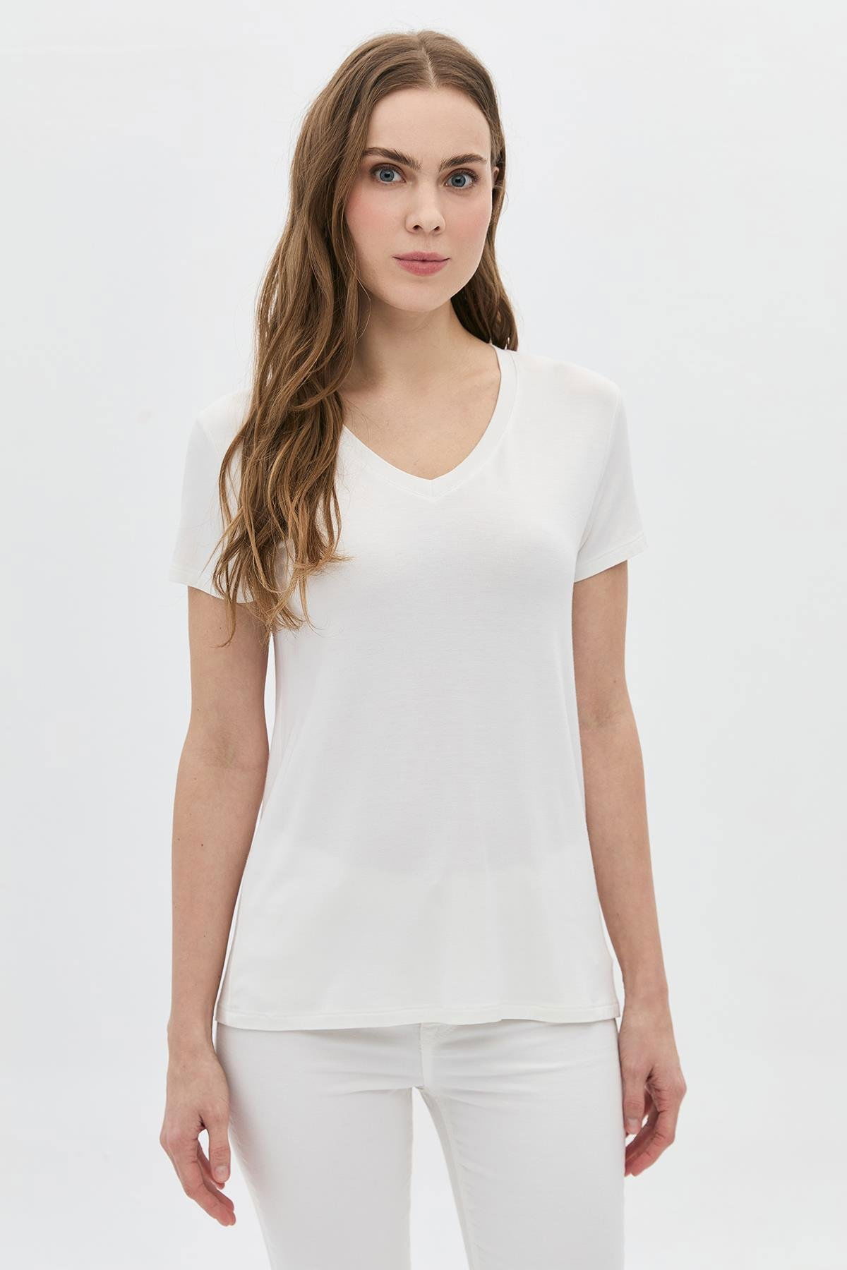 Daido Kadın Basic V Yaka T-Shirt 5980 Ekru - 2