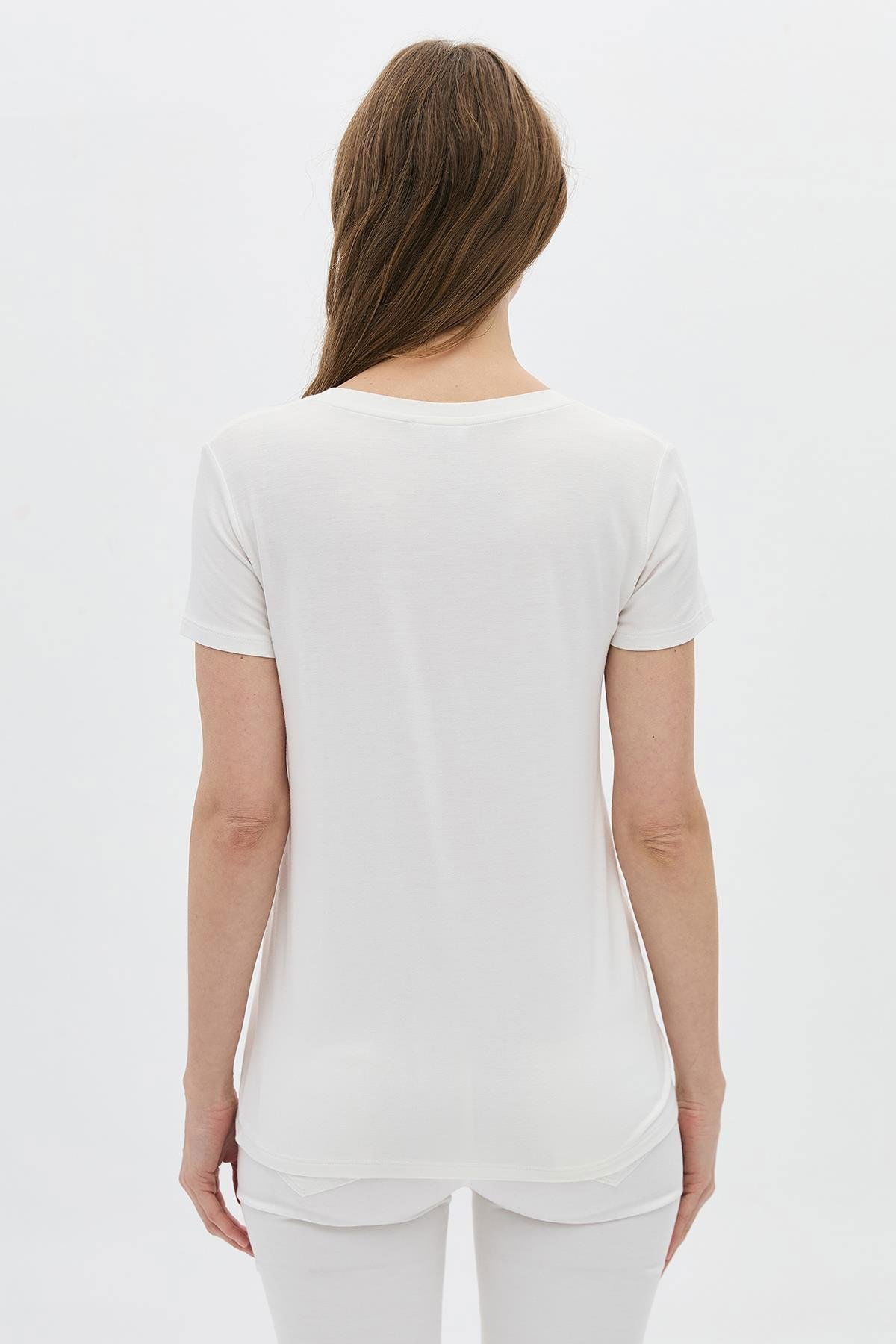 Daido Kadın Basic V Yaka T-Shirt 5980 Ekru - 4