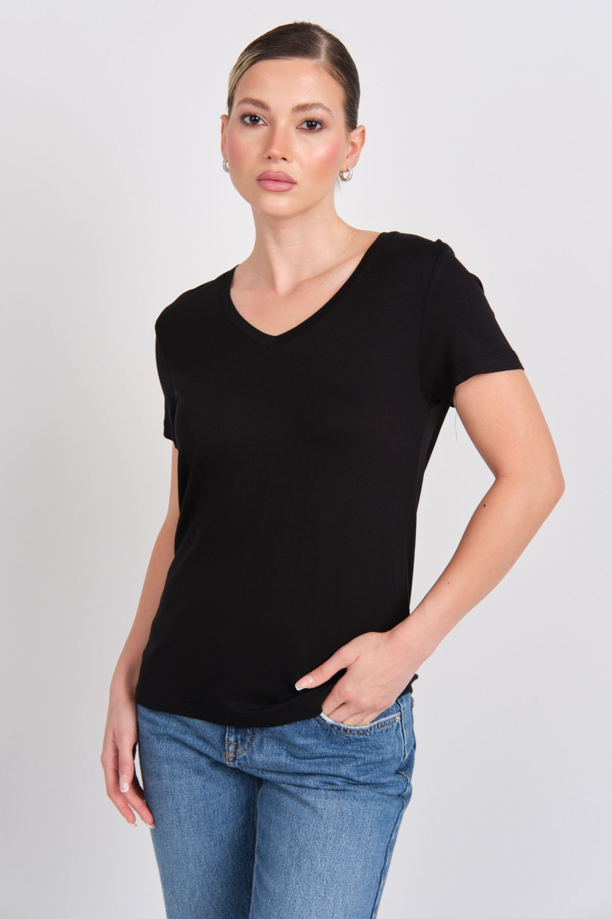 Daido Kadın Basic V Yaka T-Shirt 5980 Siyah - 1