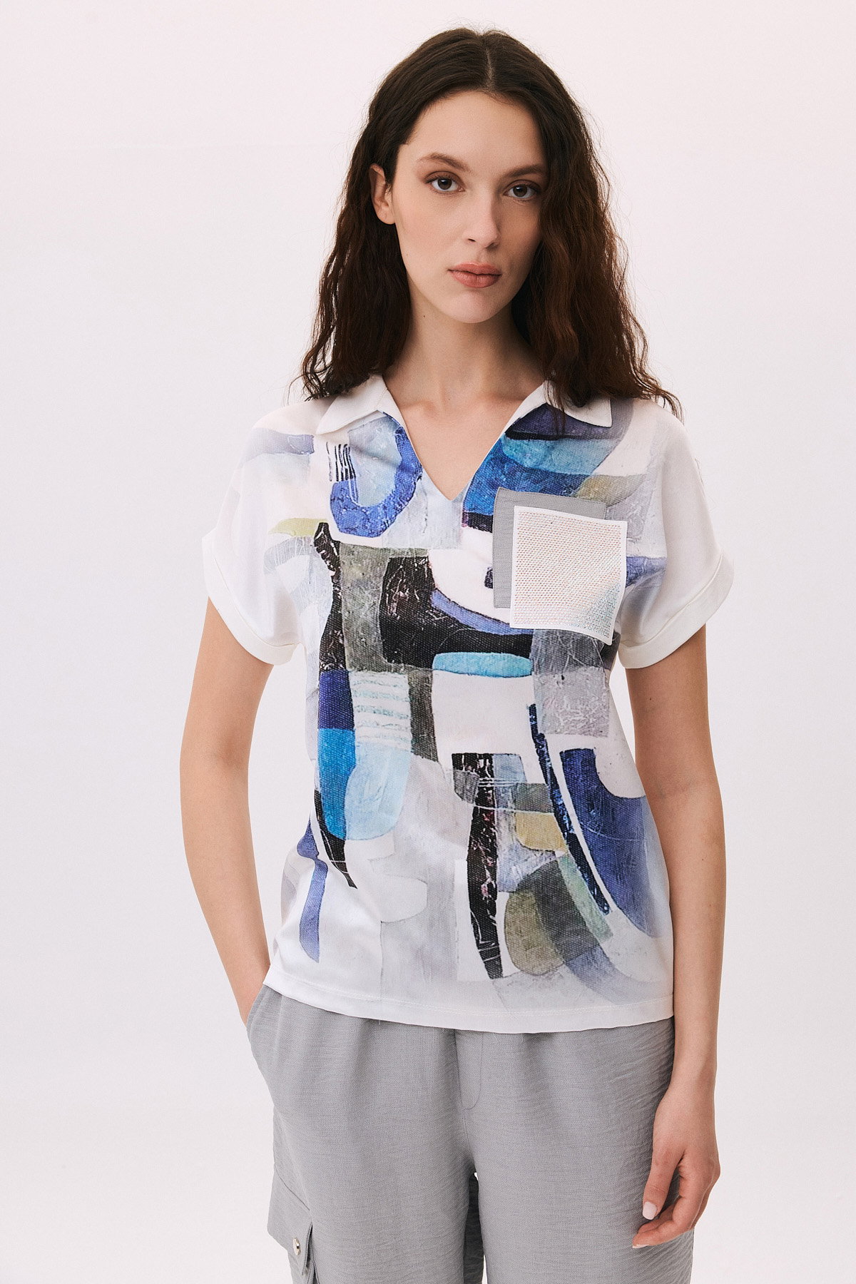 Daido Kadın Cebi Taş İşlemeli Polo Yaka Kısa Kollu Bluz 6239 Ekru - 1