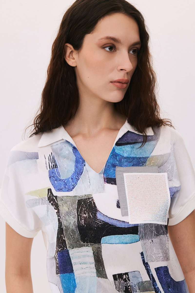 Daido Kadın Cebi Taş İşlemeli Polo Yaka Kısa Kollu Bluz 6239 Ekru - 3