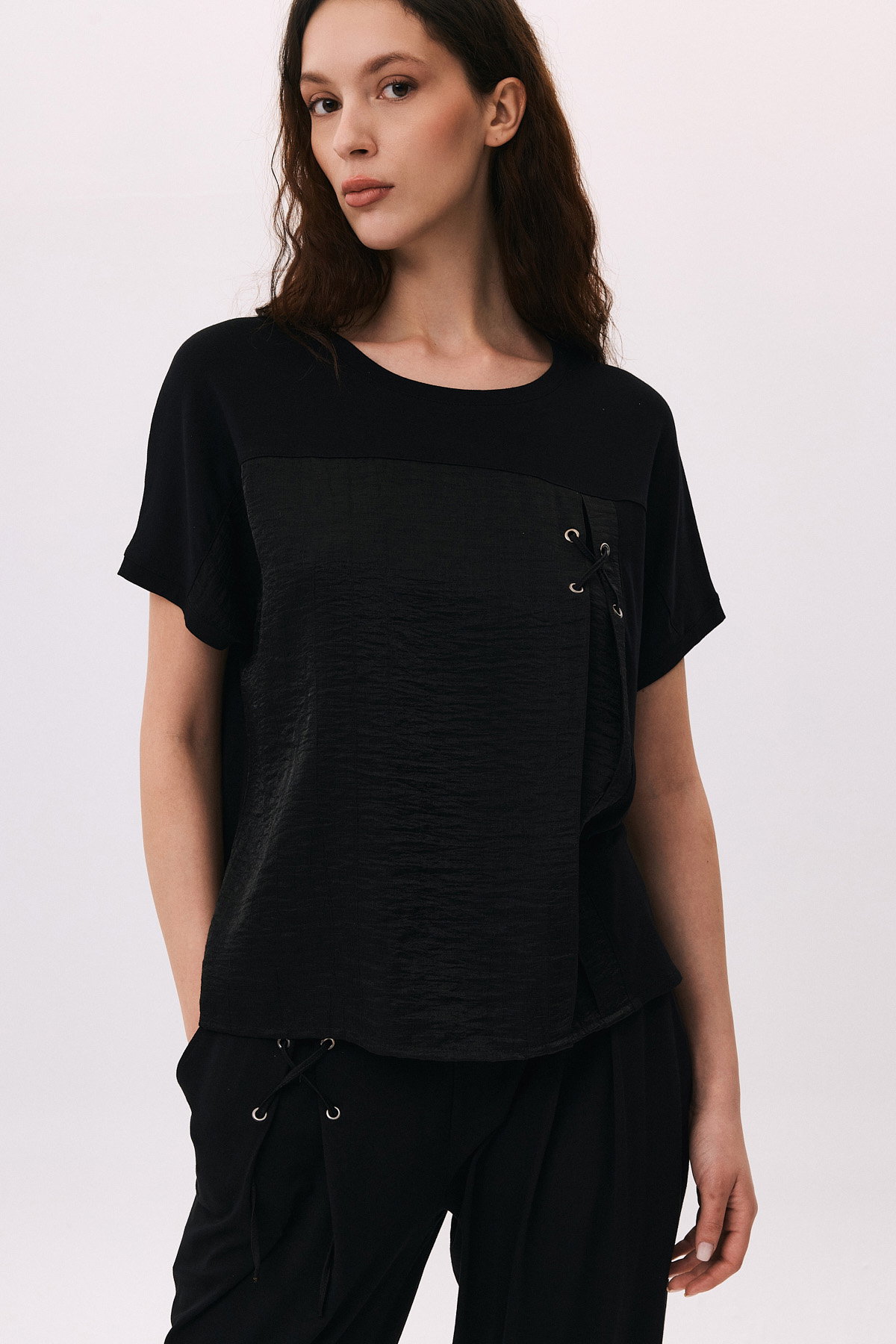 Daido Kadın Çift Kumaş Detaylı Düşük Kollu Penye T-Shirt 6211 Siyah - 1