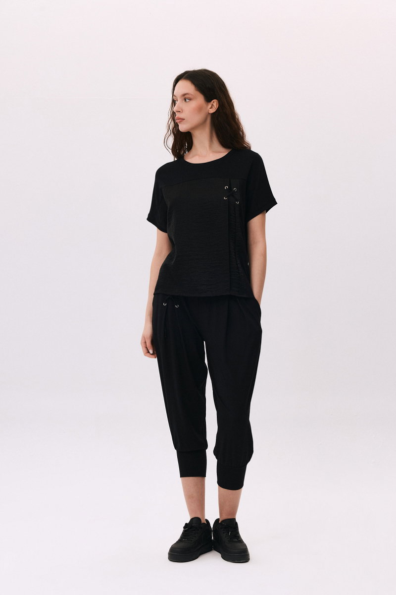 Daido Kadın Çift Kumaş Detaylı Düşük Kollu Penye T-Shirt 6211 Siyah - 2