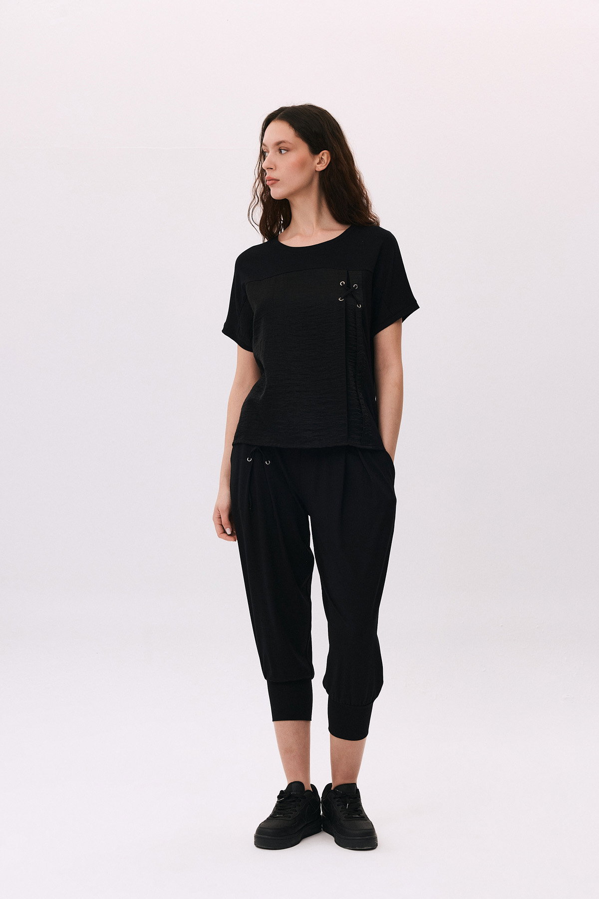 Daido Kadın Çift Kumaş Detaylı Düşük Kollu Penye T-Shirt 6211 Siyah - 2