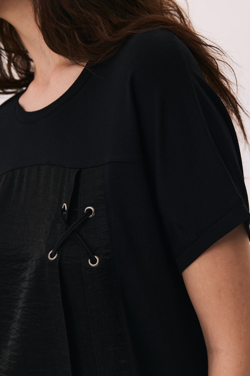 Daido Kadın Çift Kumaş Detaylı Düşük Kollu Penye T-Shirt 6211 Siyah - 3