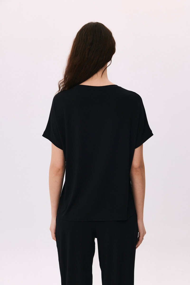 Daido Kadın Çift Kumaş Detaylı Düşük Kollu Penye T-Shirt 6211 Siyah - 4