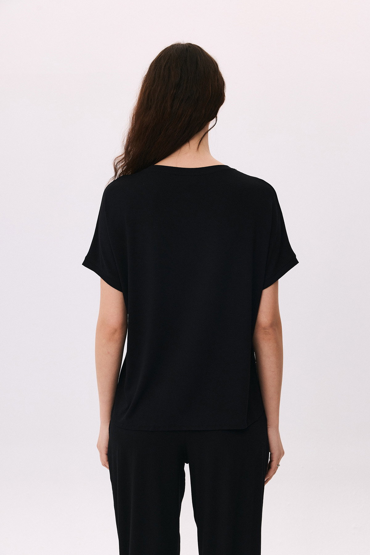 Daido Kadın Çift Kumaş Detaylı Düşük Kollu Penye T-Shirt 6211 Siyah - 4