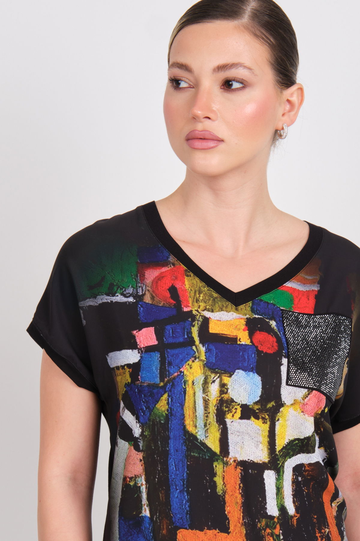 Daido Kadın Desenli Süs Cepli V Yaka T-Shirt 5842 Siyah - 2