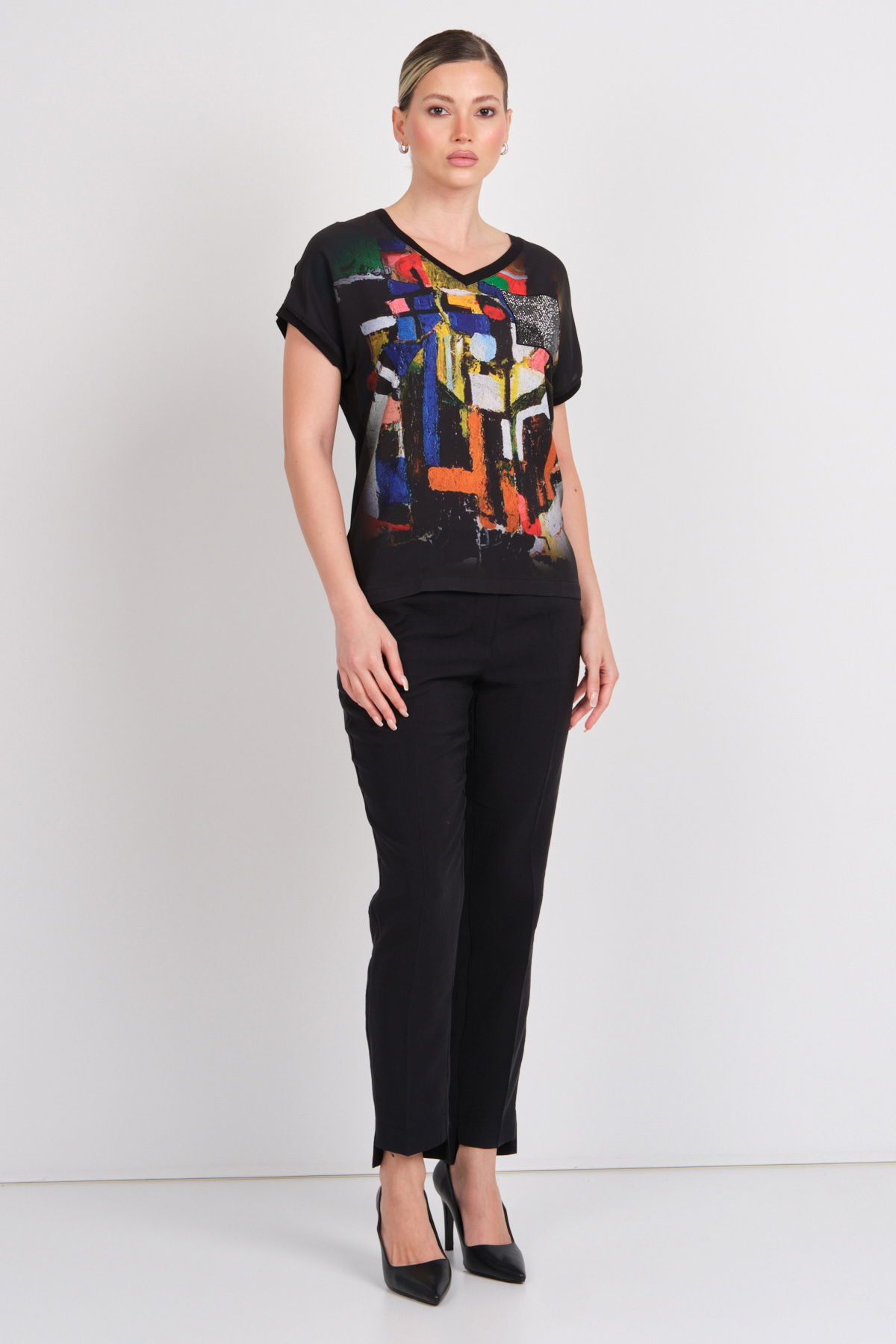 Daido Kadın Desenli Süs Cepli V Yaka T-Shirt 5842 Siyah - 3